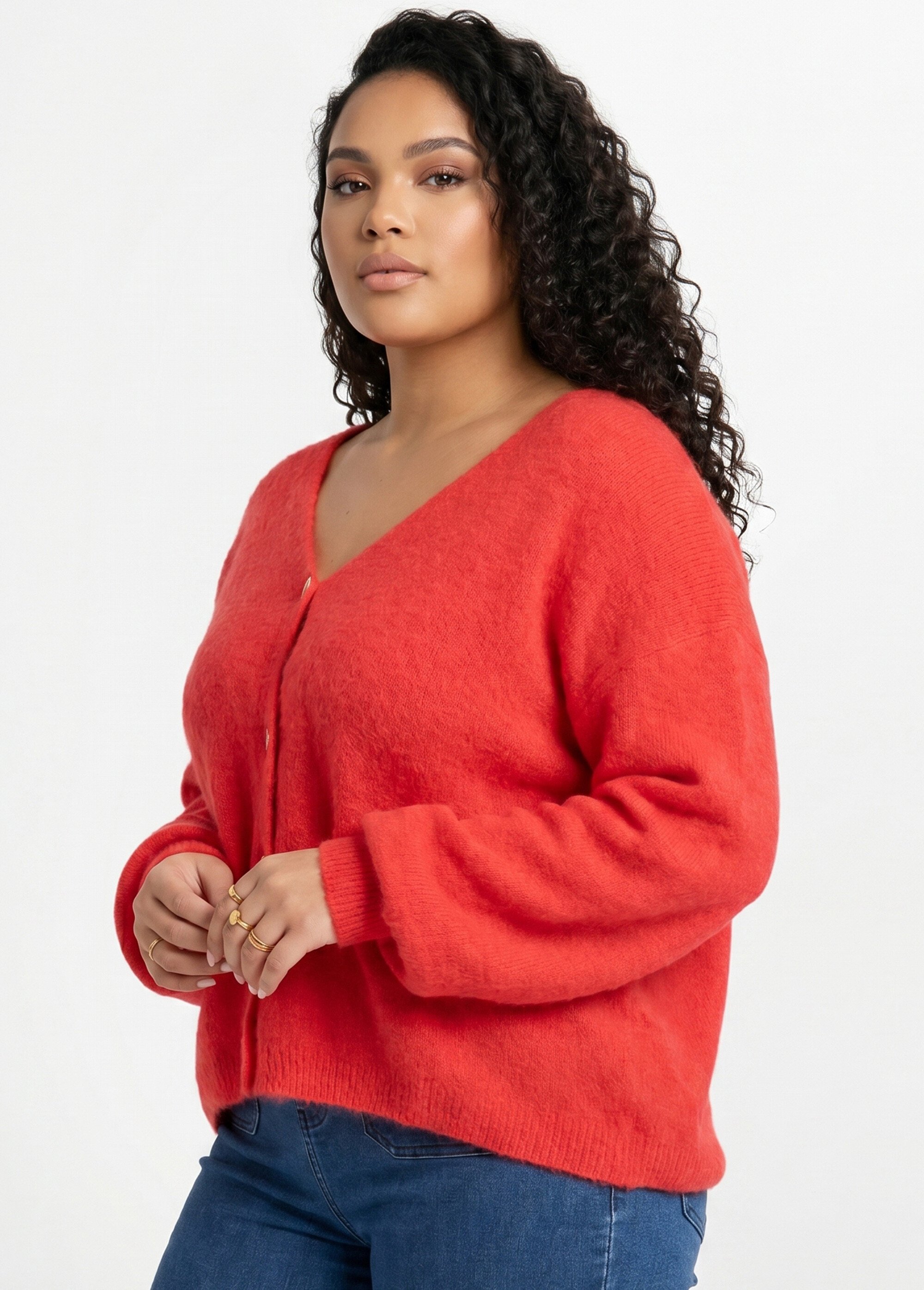Gilet maille avec alpaga, col V Femme Grande Taille Rose MAE-31795 MV1