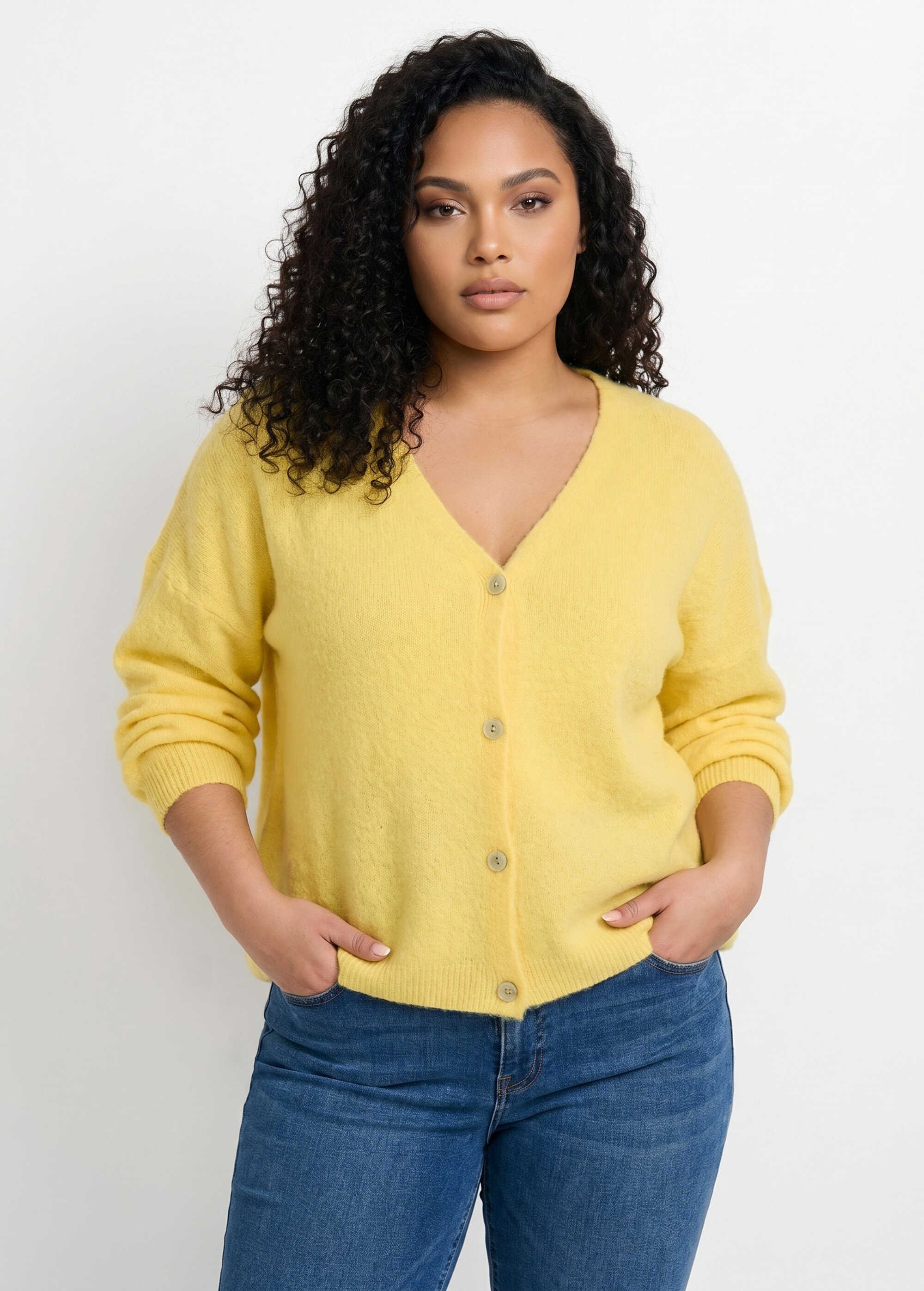 Gilet maille avec alpaga, col V Femme Grande Taille Jaune MAE-31795 FA1