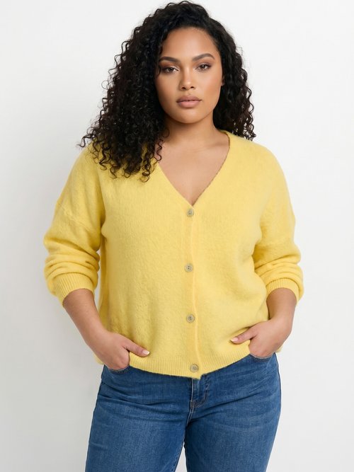 Gilet maille avec alpaga, col V Femme Grande Taille Jaune MAE-31795 FA1