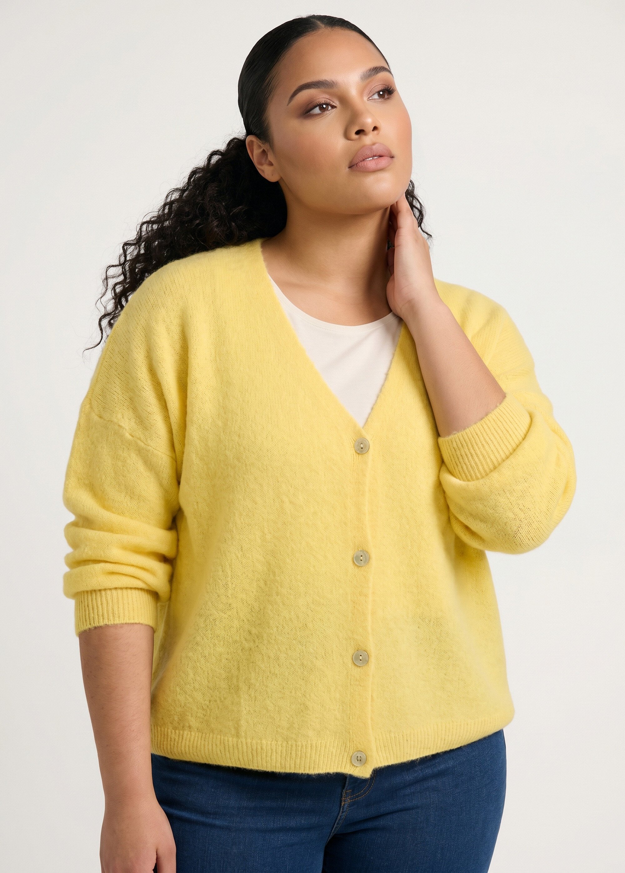 Gilet maille avec alpaga, col V Femme Grande Taille Jaune MAE-31795 MV1
