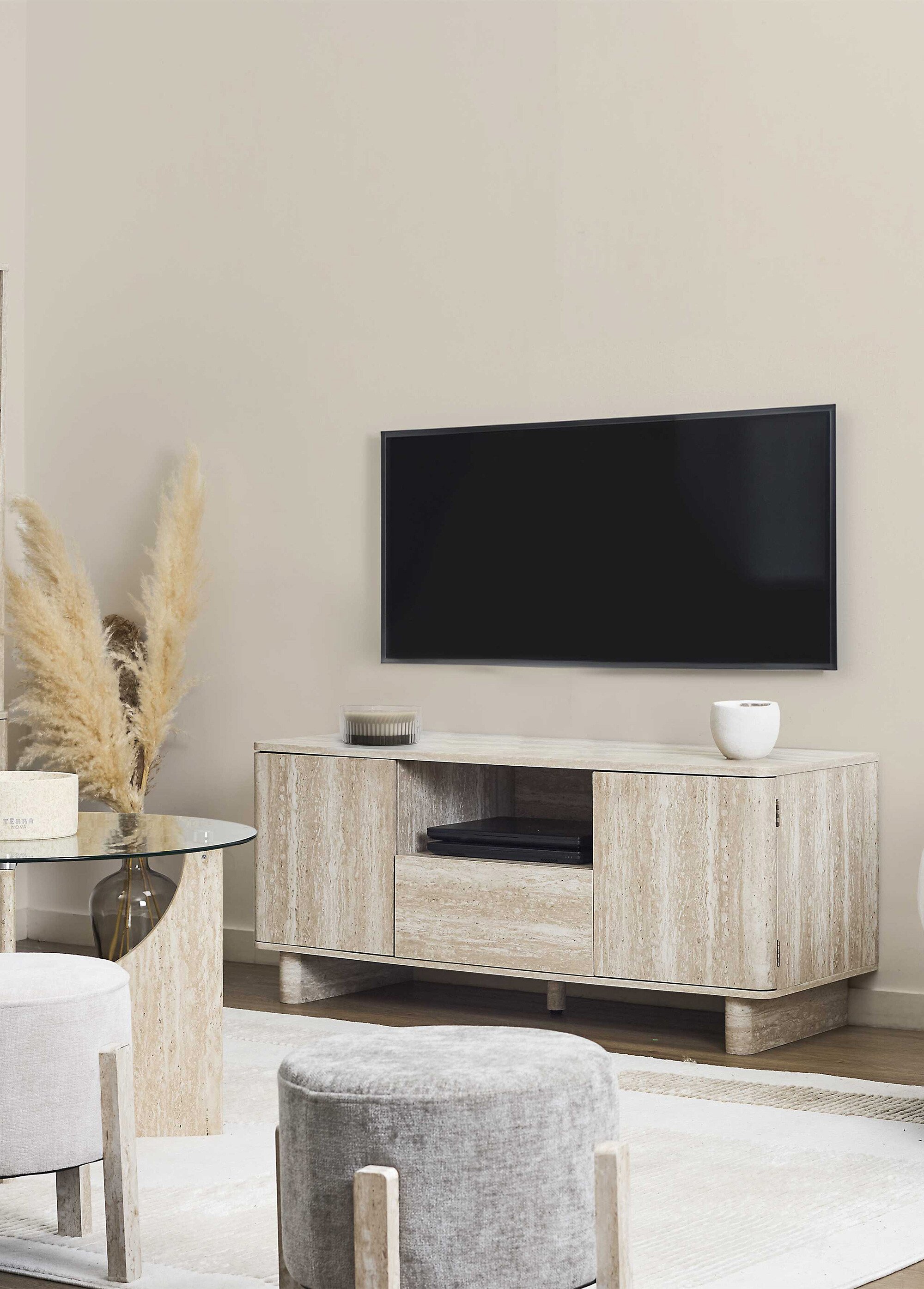 Meuble TV 3 portes, aspect pierre travertin BEIGE CMP-HD7777 SI1
