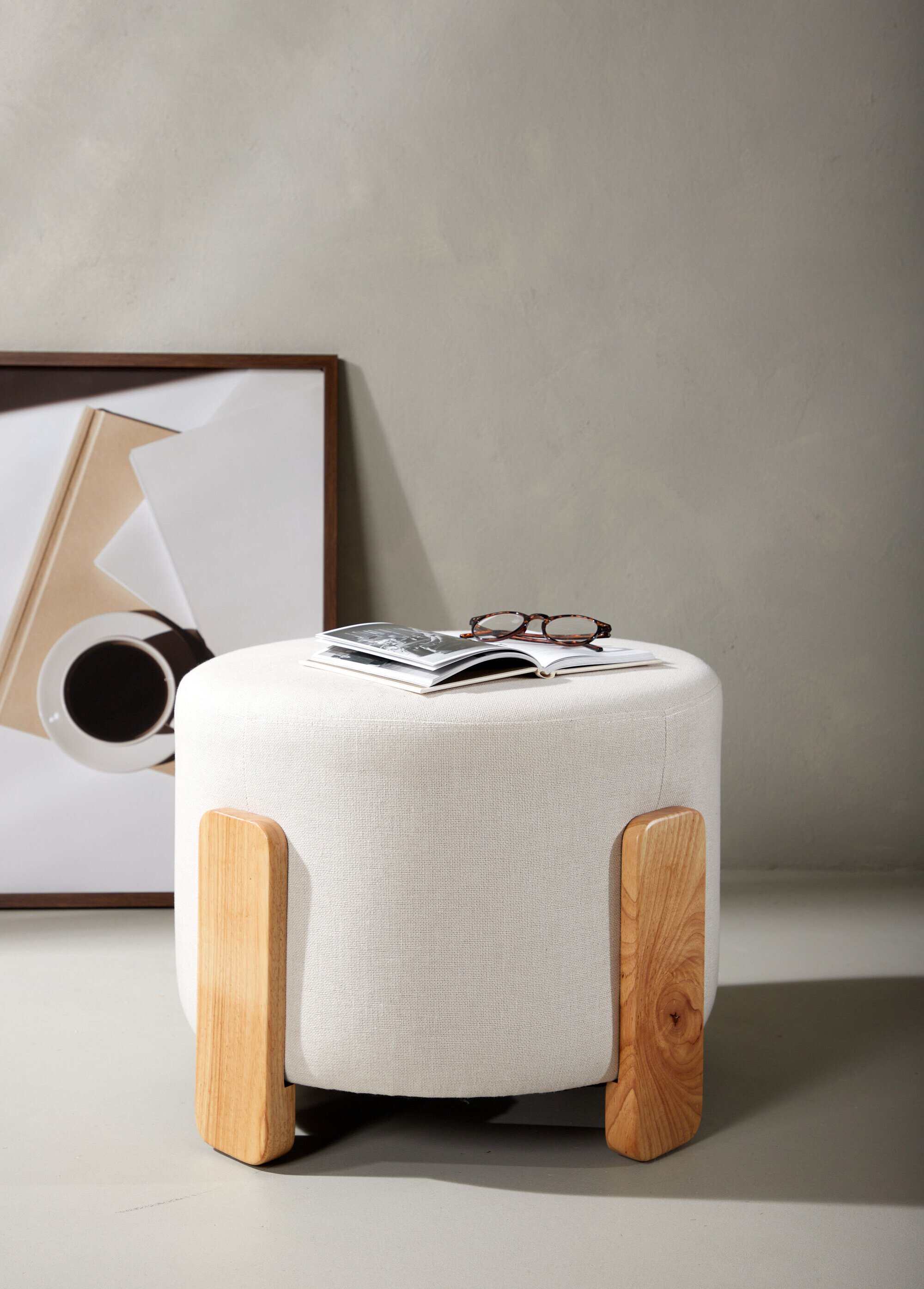 Pouf en tissu avec piètement en bois BEIGE VEN-15110-111 SF1