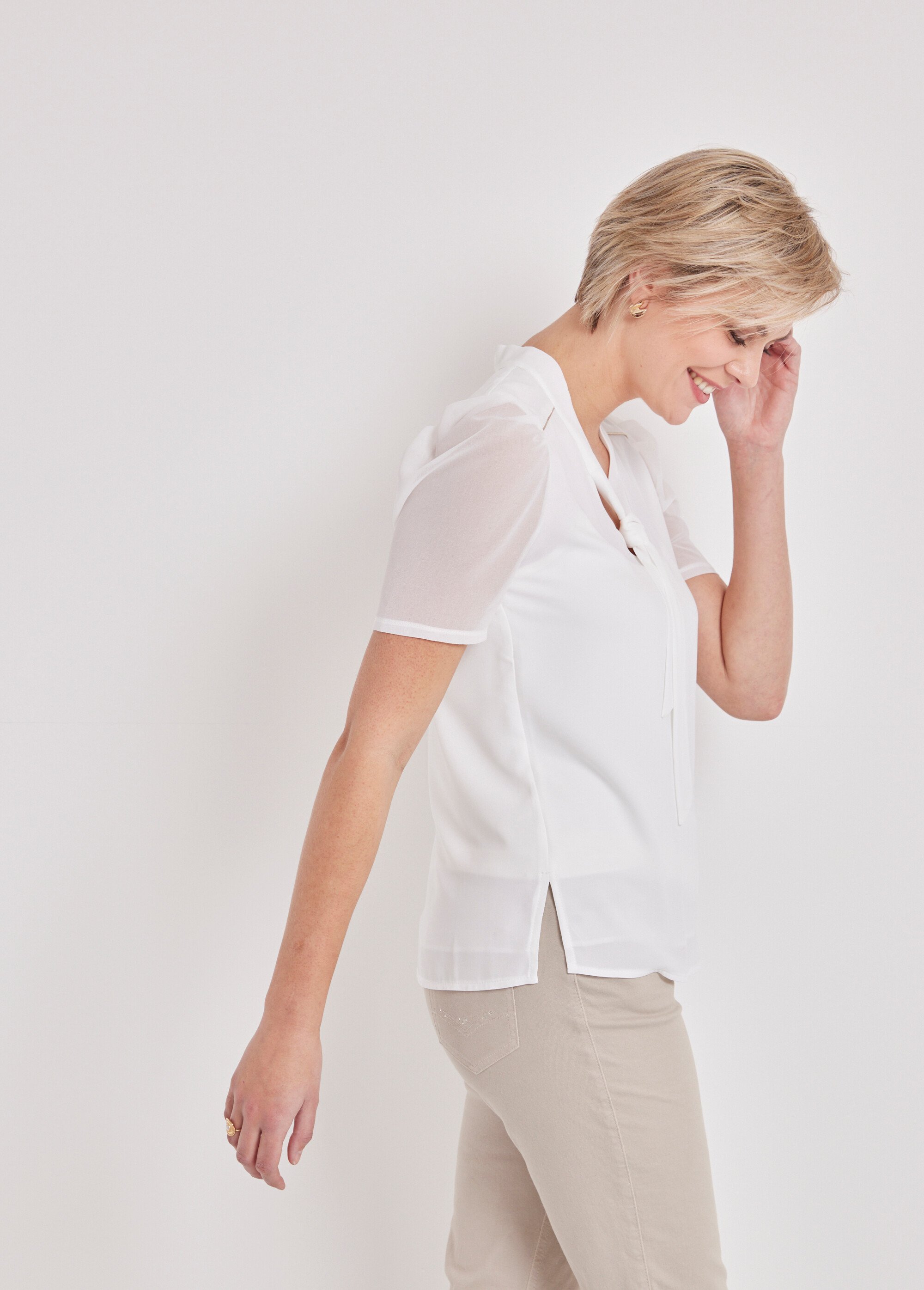 Tunique lavallière bi-matière motifs brillants Femme Beige CATELIER DR1