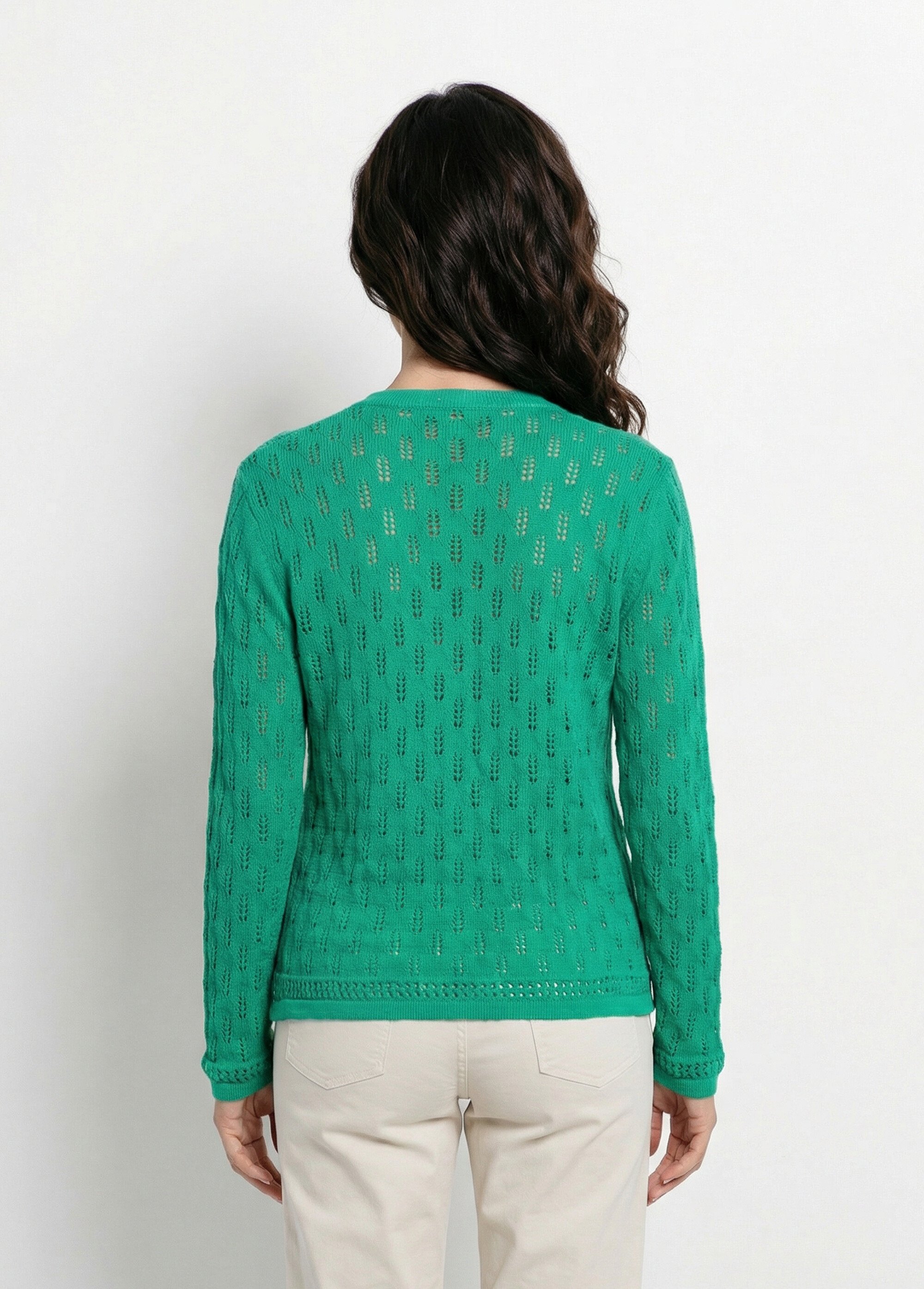 Cardigan col V boutonné ajouré uni coton