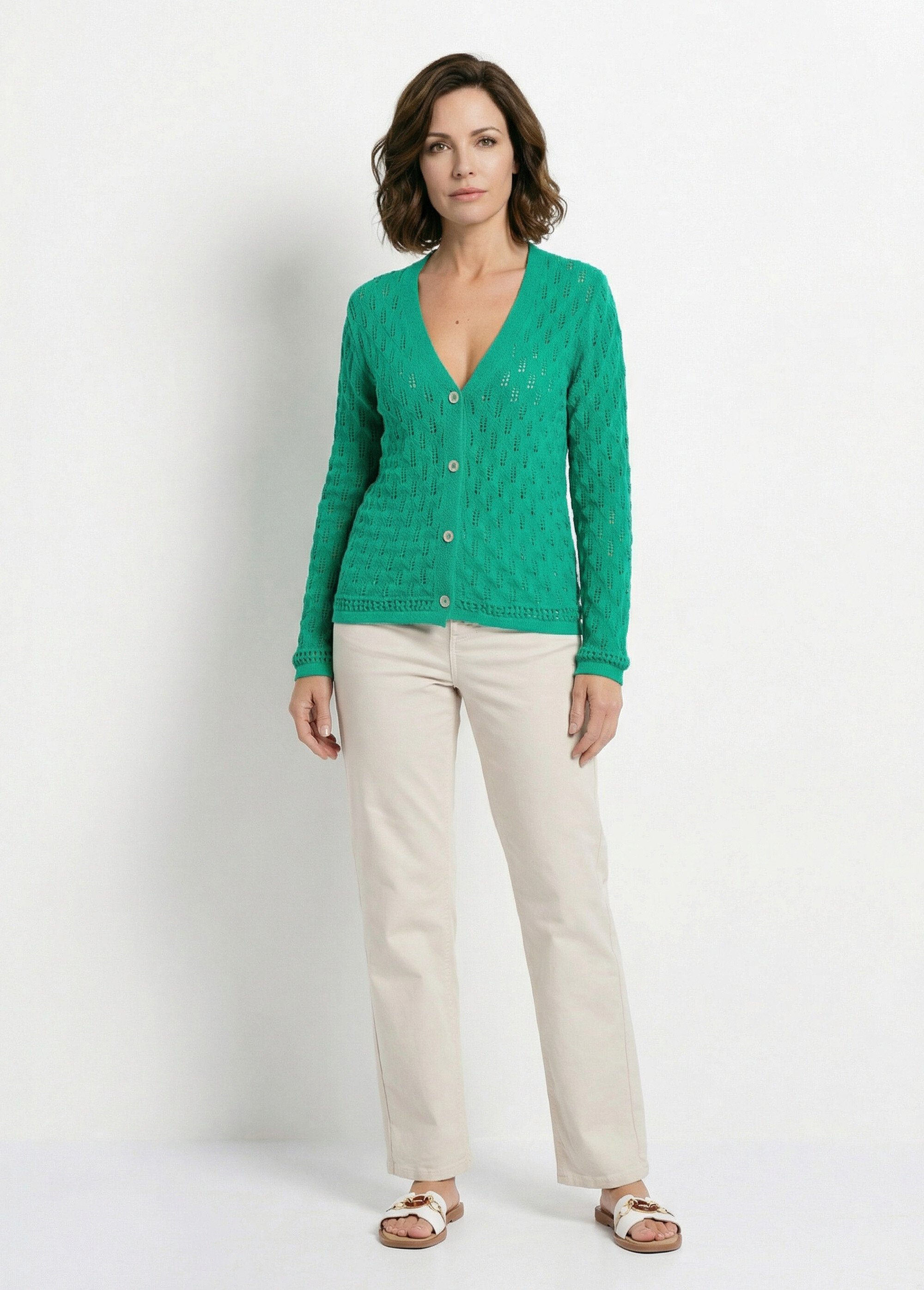 Cardigan col V boutonné ajouré uni coton Femme Vert MAYA SF1