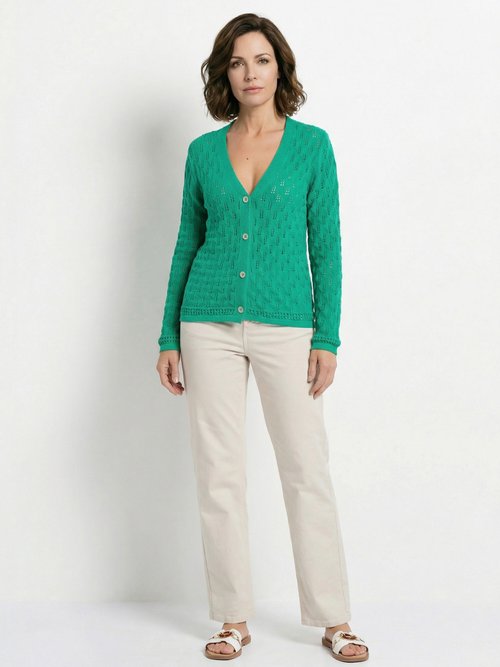 Cardigan col V boutonné ajouré uni coton Femme Vert MAYA SF1