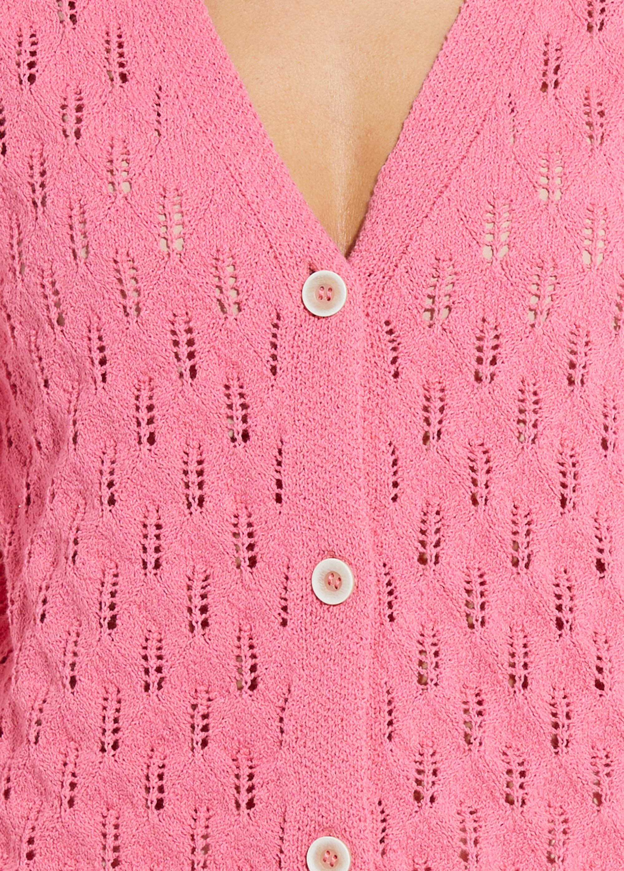 Cardigan col V boutonné ajouré uni coton
