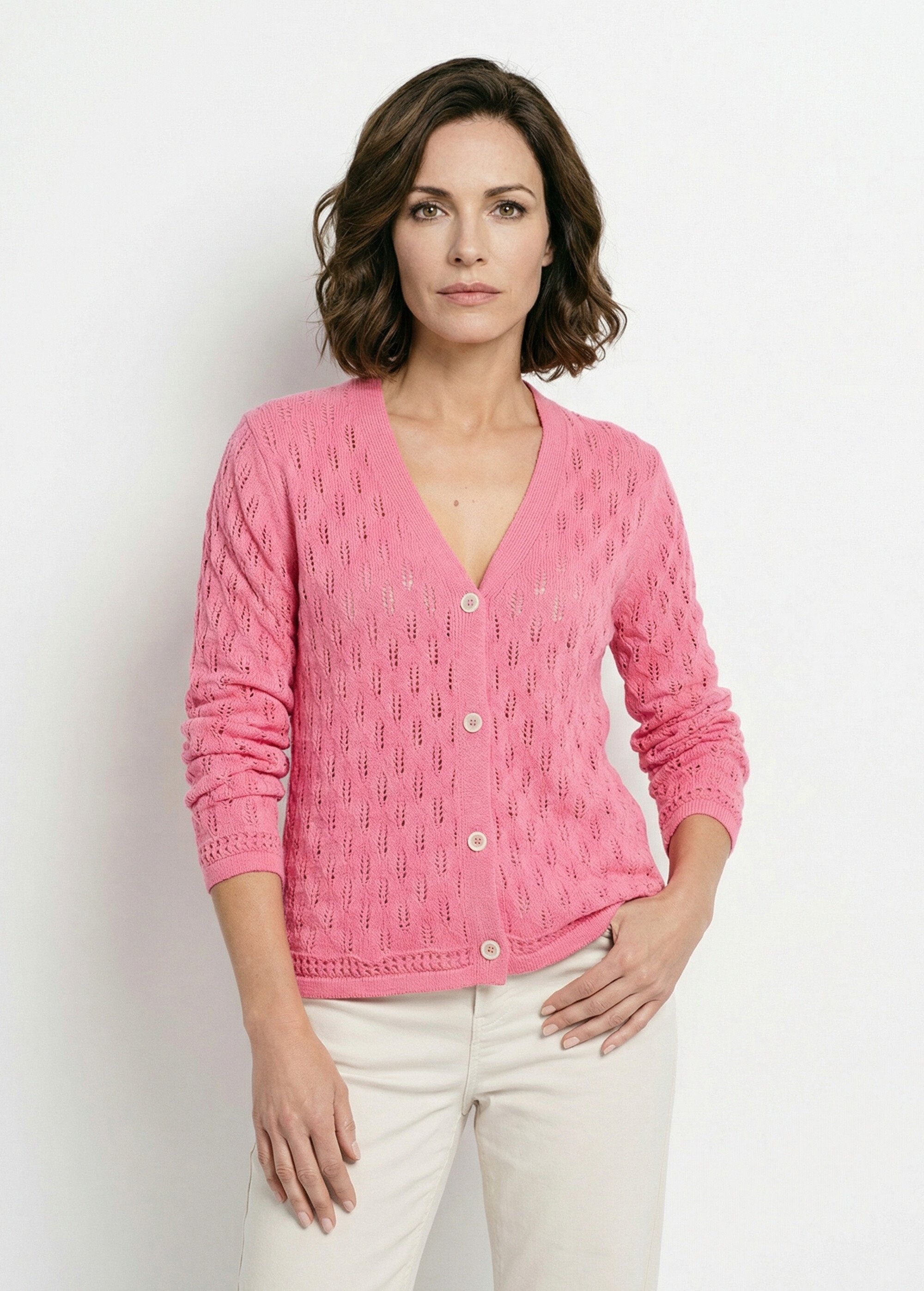 Cardigan col V boutonné ajouré uni coton Femme Rose MAYA FA1
