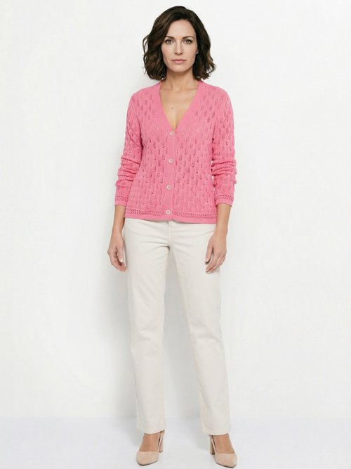 Cardigan col V boutonné ajouré uni coton Femme Rose MAYA SF1