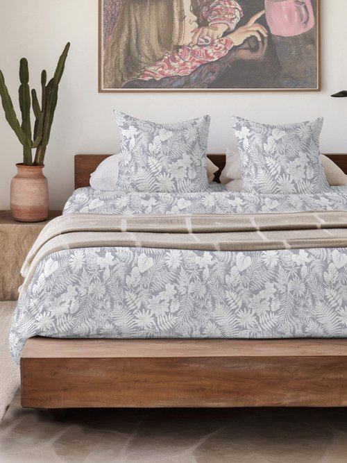 Housse de couette flanelle coton imprimé végétal Gris RUDE-HC SI1