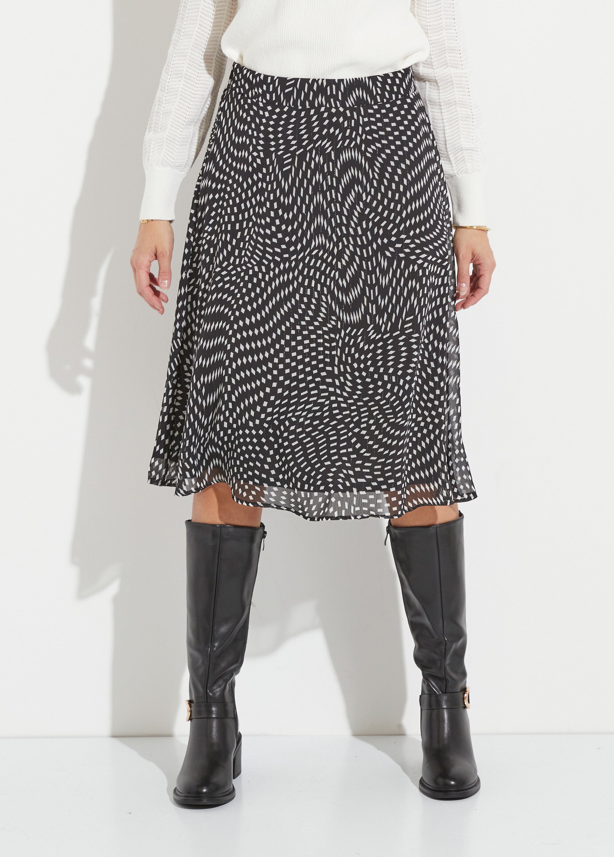 Jupe longue évasée en voile graphique Femme Noir LISA FA1