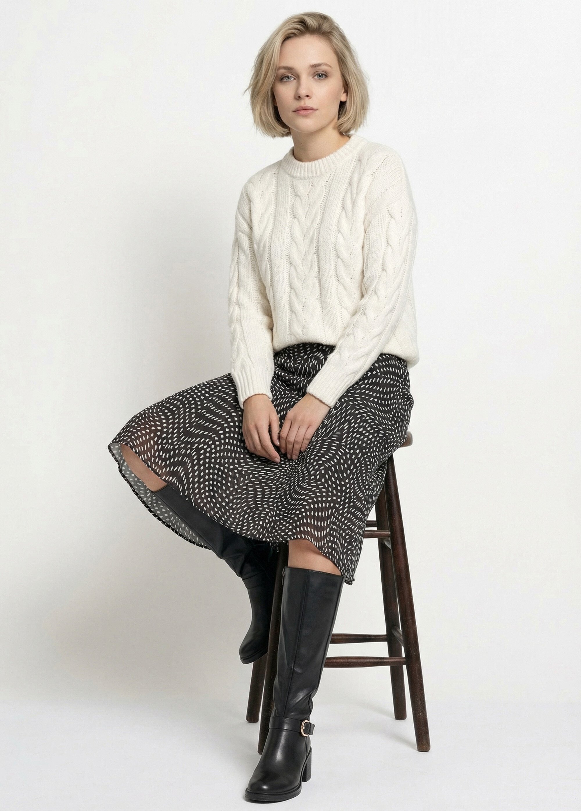 Jupe longue évasée en voile graphique Femme Noir LISA MV1