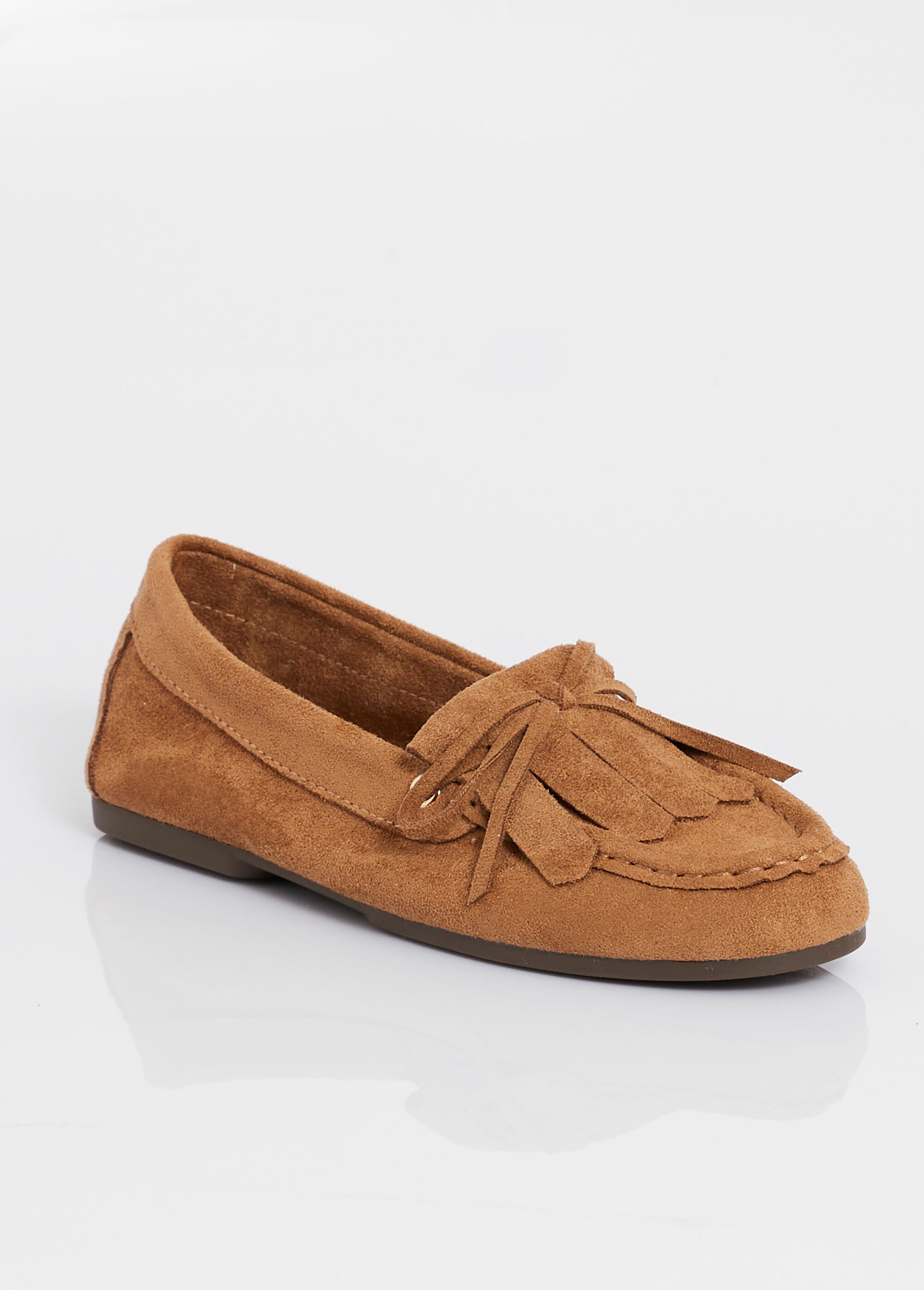Mocassins semelle plate, dessus franges Femme Marron MAR1892 FA1