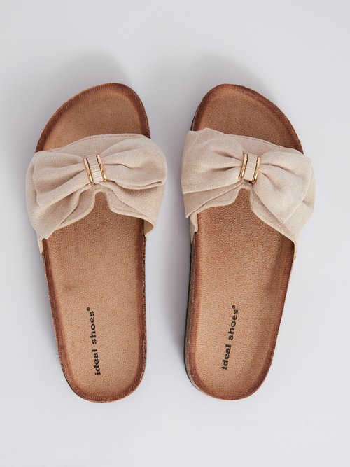 Mules plates effet liège avec nœud tissu Femme Marron MAR1147 OV1