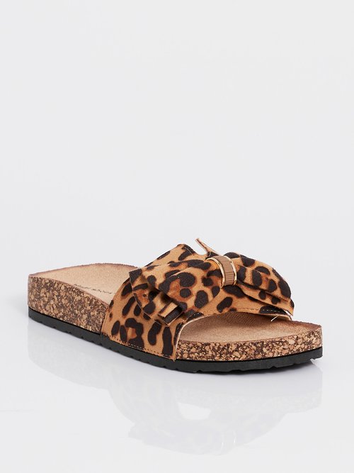 Mules plates effet liège avec nœud tissu Femme Beige MAR1147 FA1