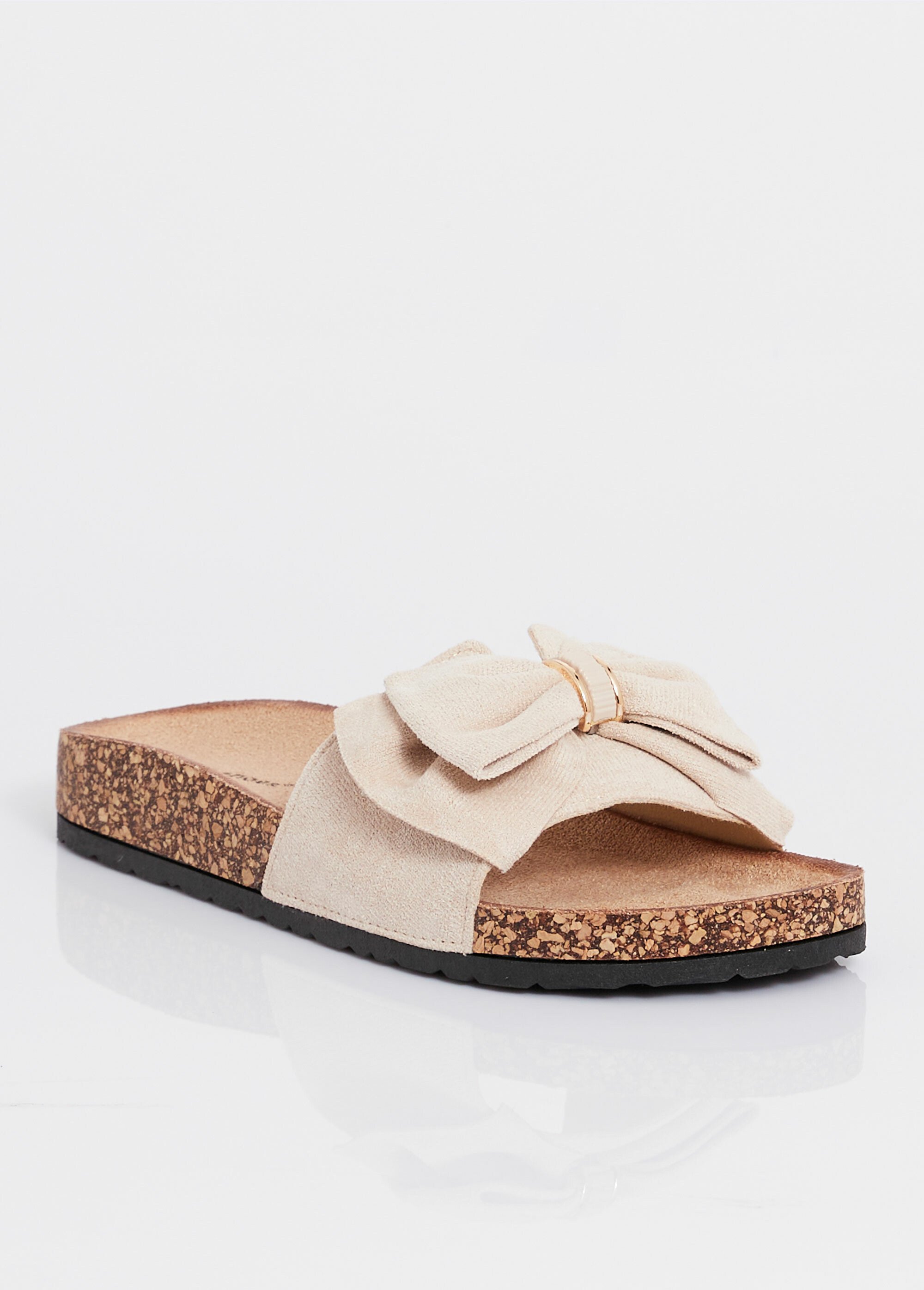 Mules plates effet liège avec nœud tissu