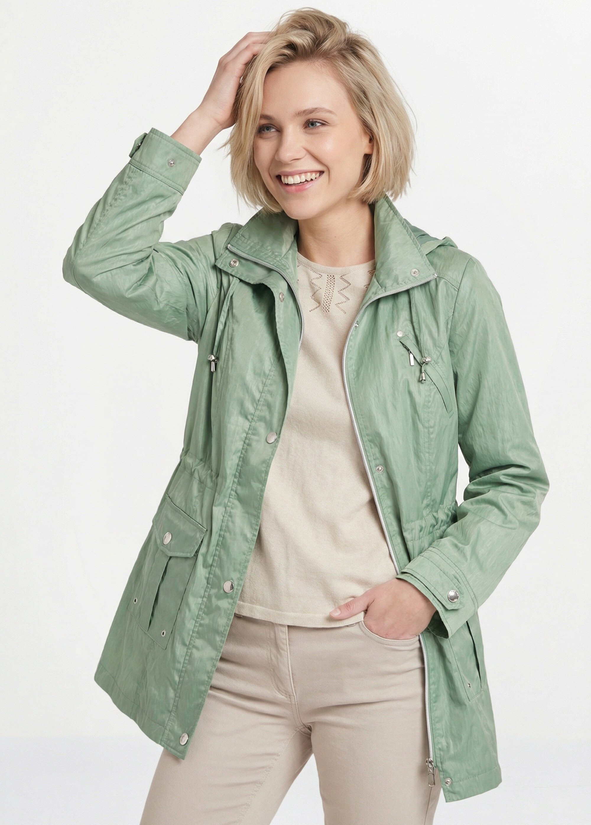 Parka zippée pressionnée, effet satiné