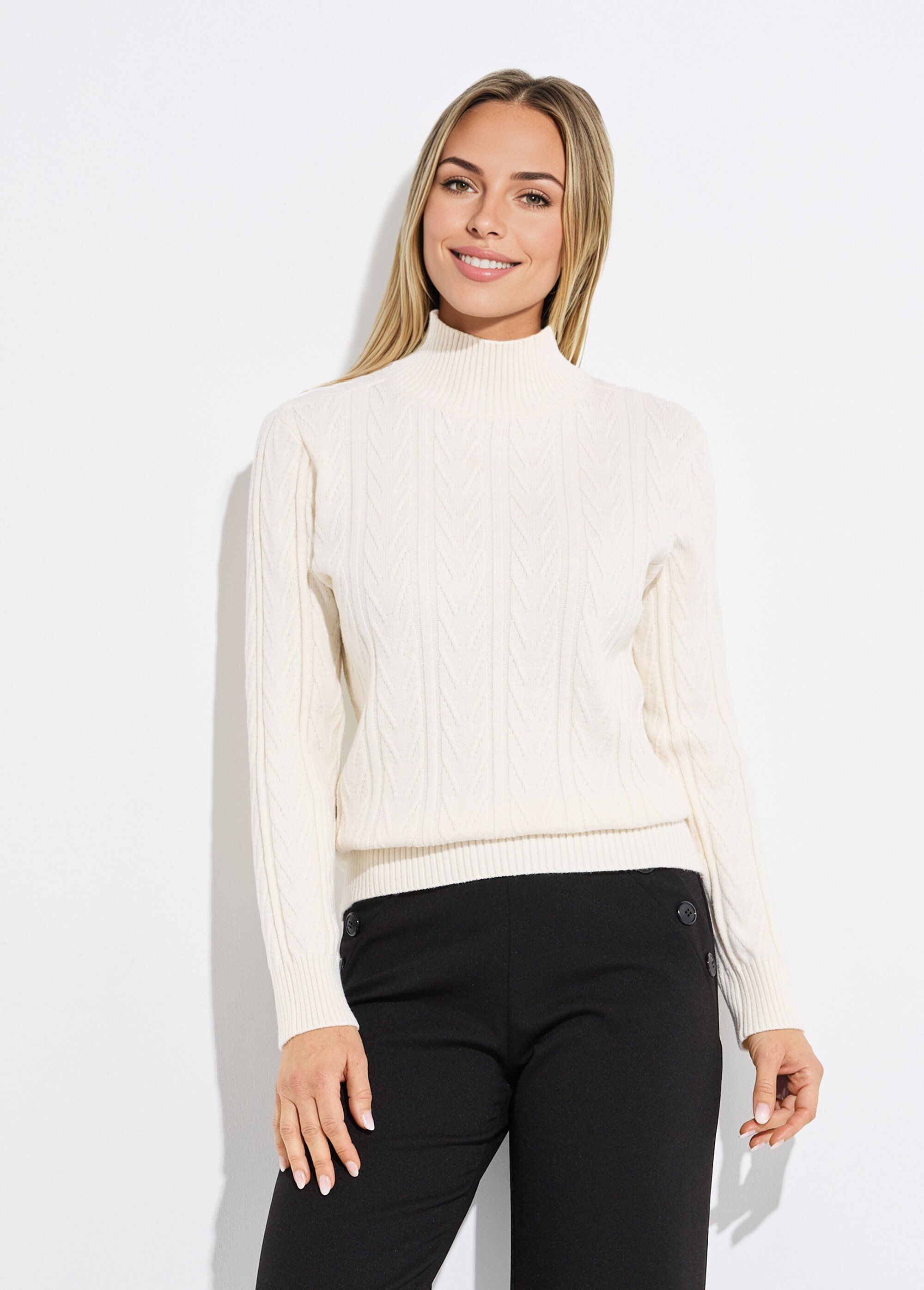 Pull chaud col montant côtelé et torsadé Femme Beige PETRONIA FA1