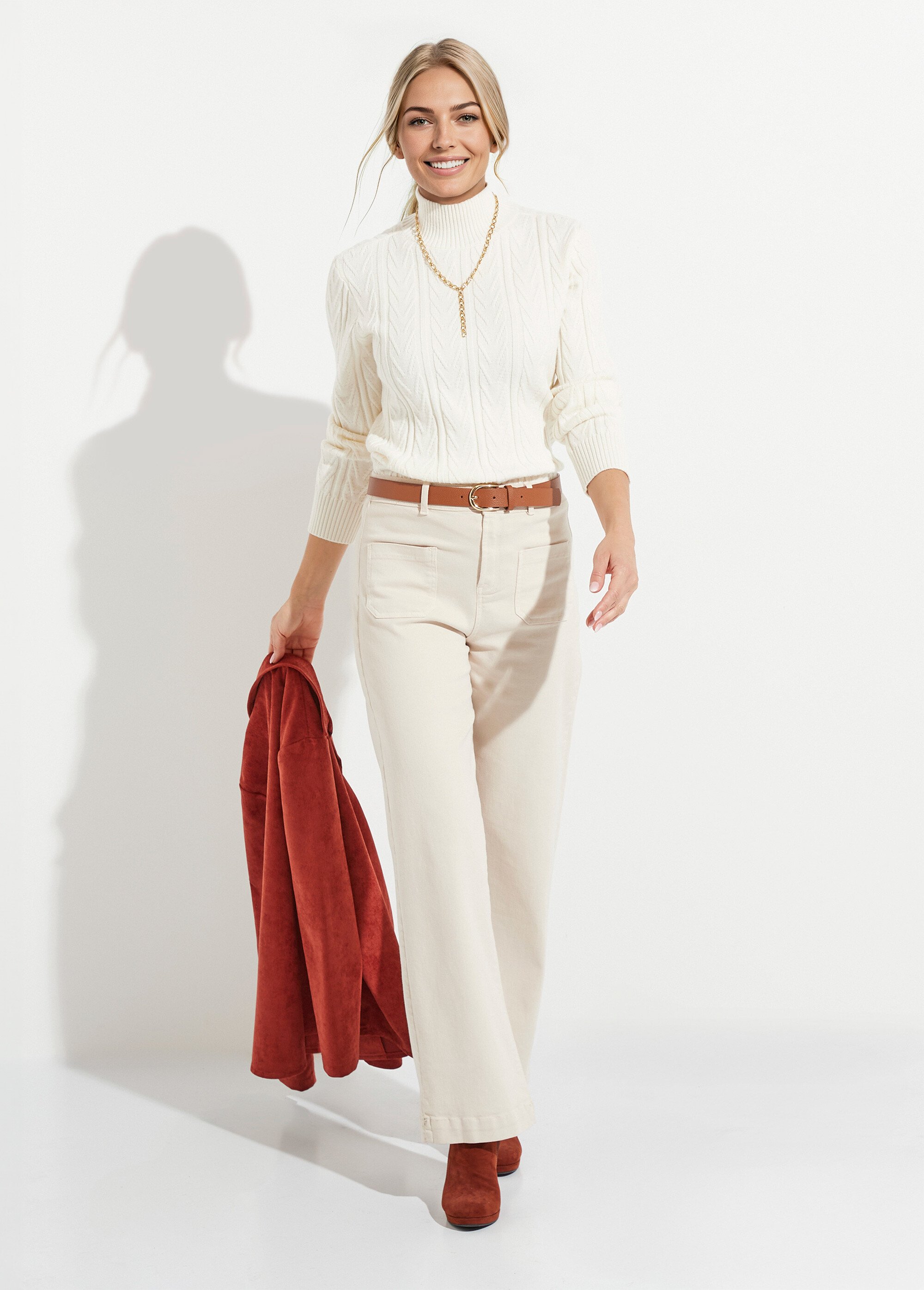 Pull chaud col montant côtelé et torsadé