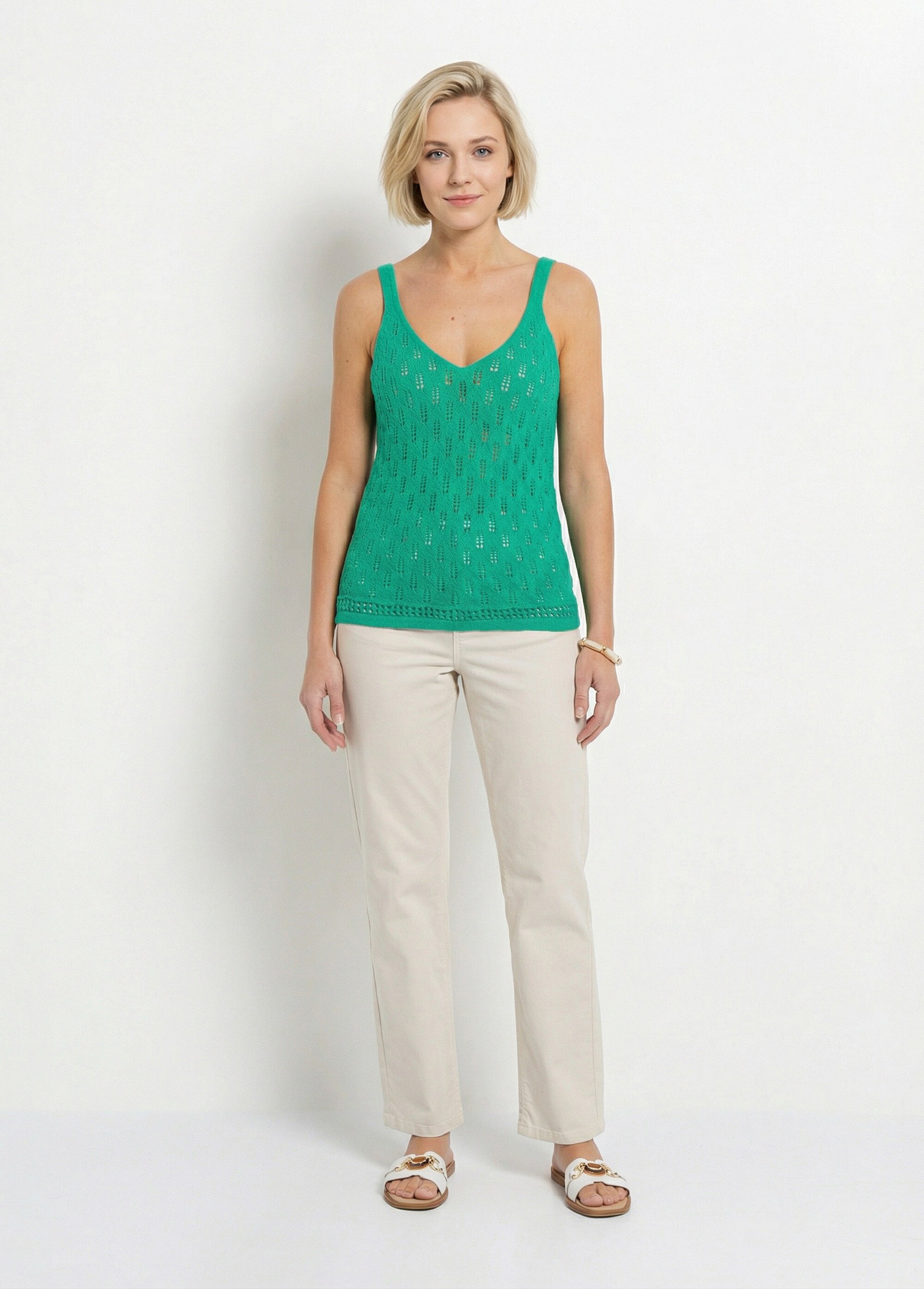 Pull débardeur court ajouré uni coton Femme Vert MARYSE SF1