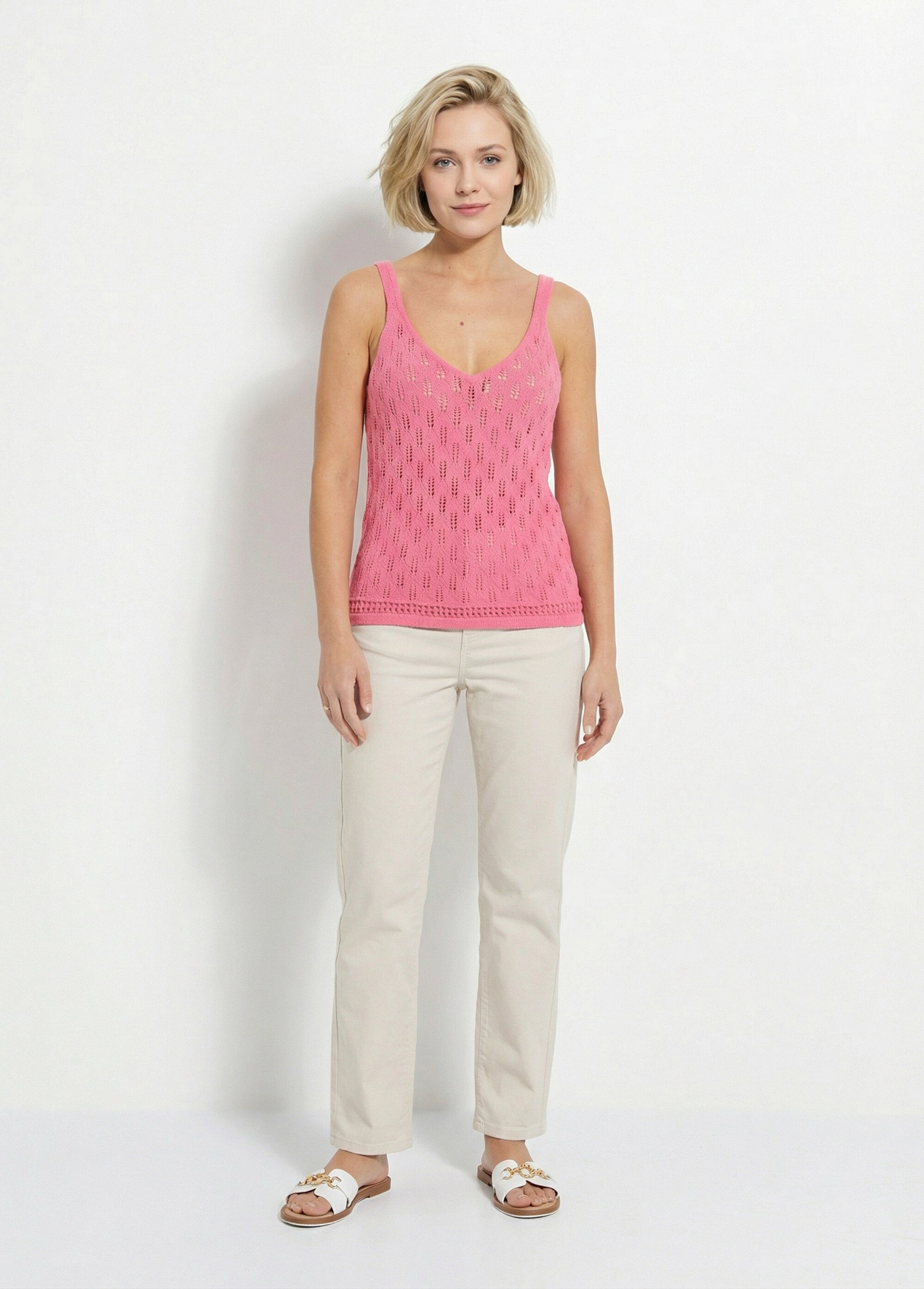 Pull débardeur court ajouré uni coton Femme Rose MARYSE SF1