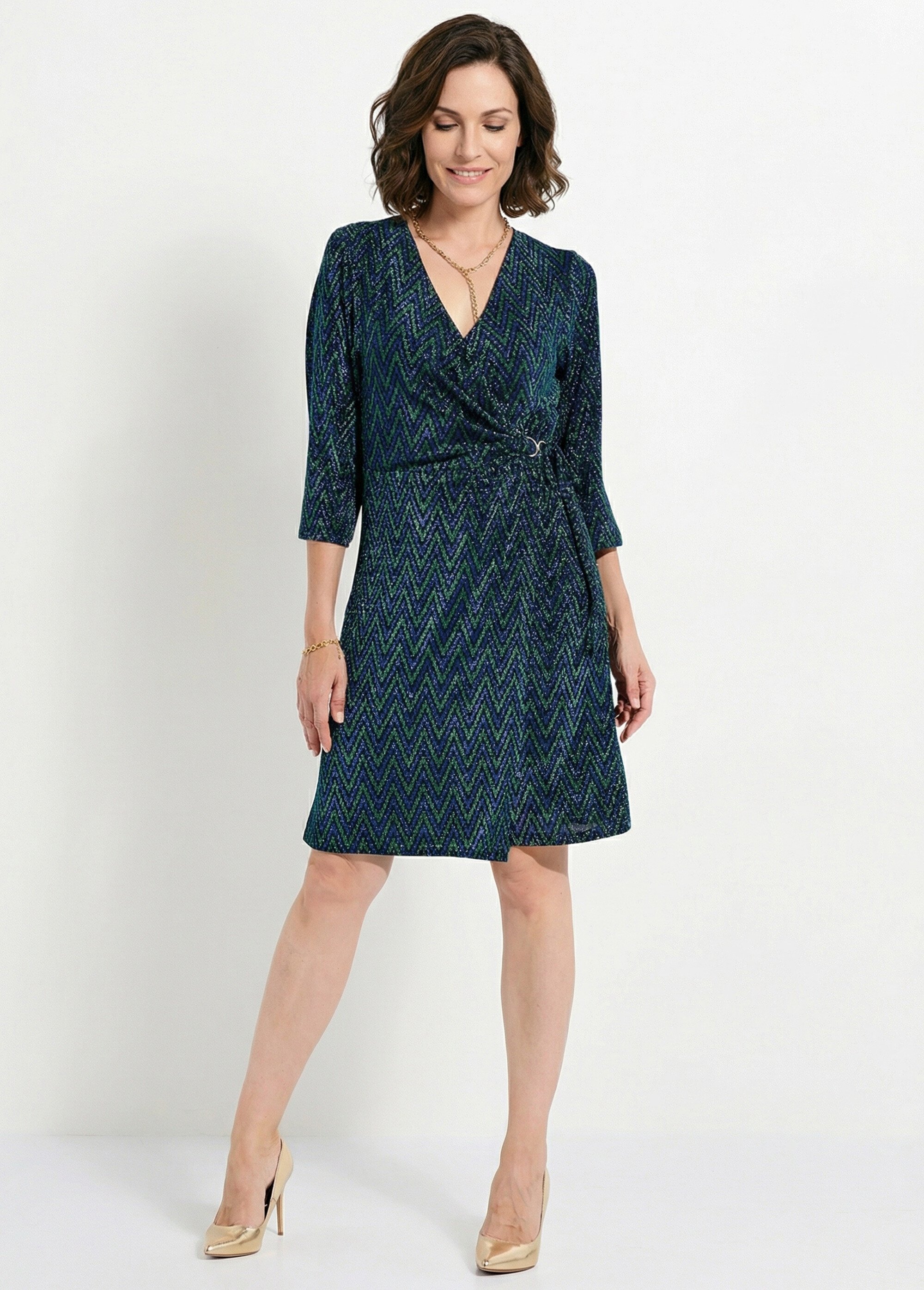 Robe cache-coeur court maille brillante imprimée