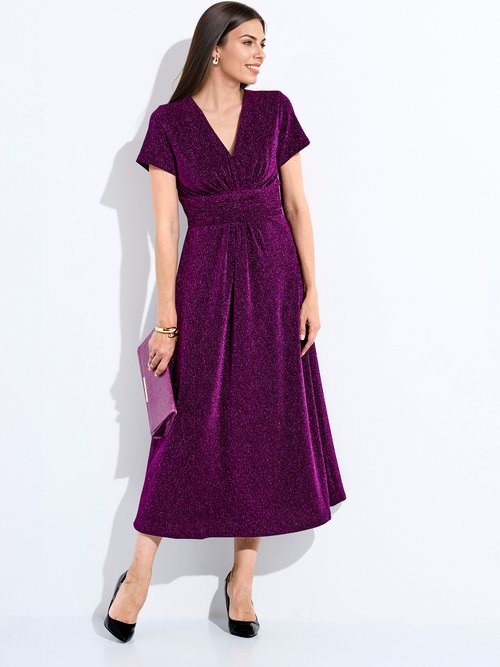 Robe longue brillante col V smockée dos Femme Rose HEMMA FA1