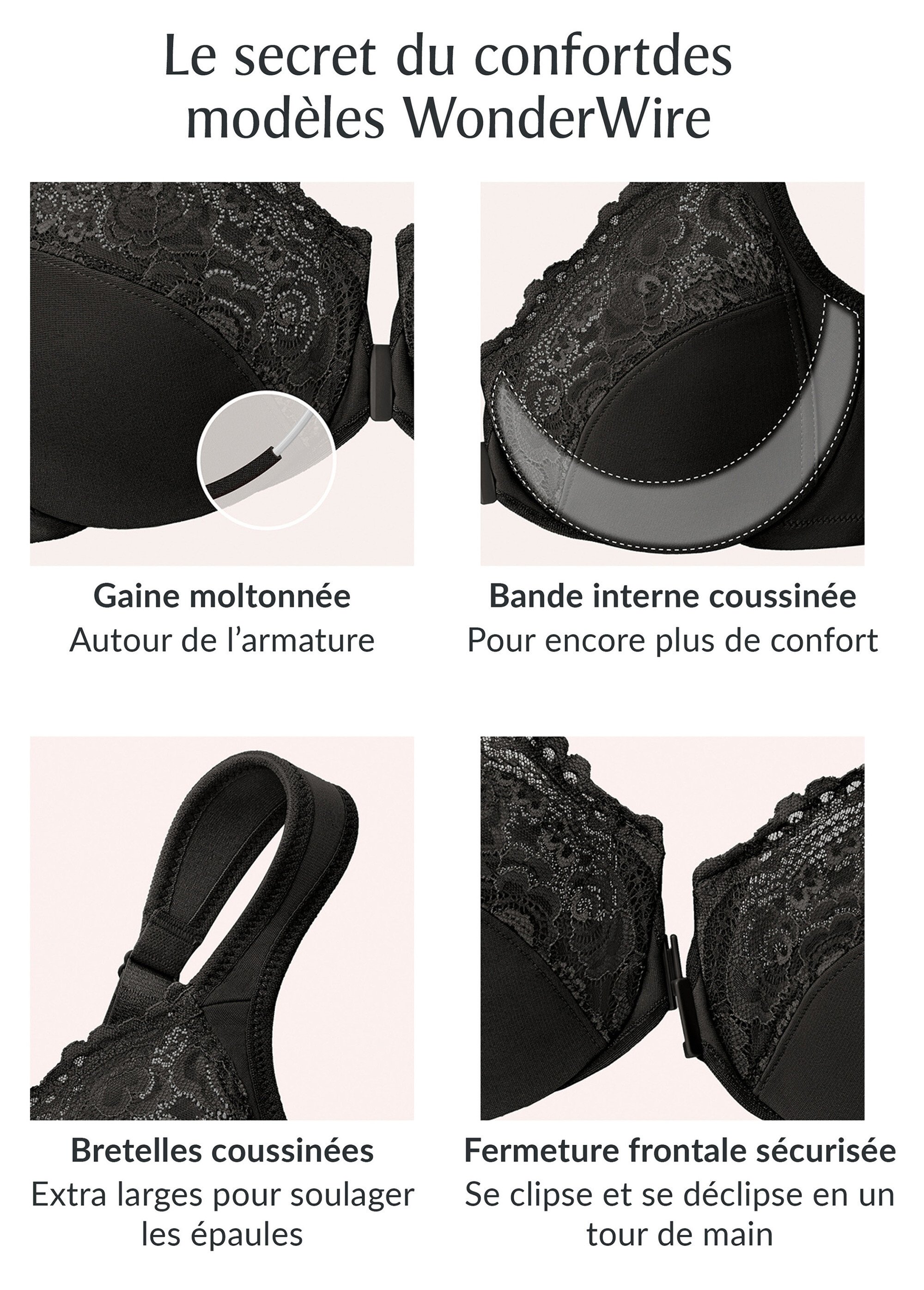 Soutien-gorge WonderWire à Armatures et Fermeture Frontale, Spécial Grandes Tailles n°1245 Femme Grande Taille Noir 1245 DE3