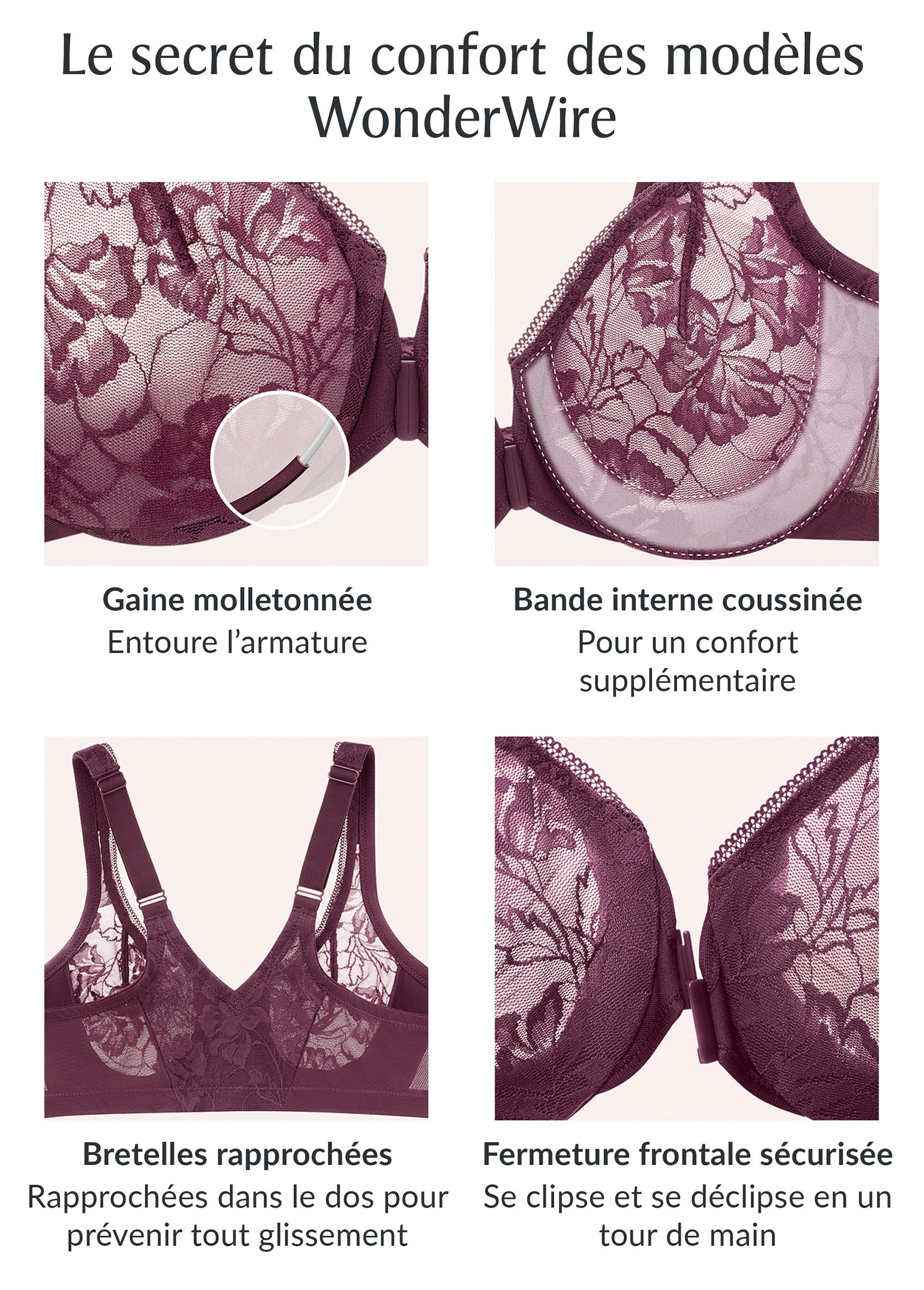 Soutien-gorge WonderWire Dentelle Dos Nageur à Fermeture Frontale, Spécial Grandes Tailles n°9246 Femme Grande Taille Marron 9246 DE1