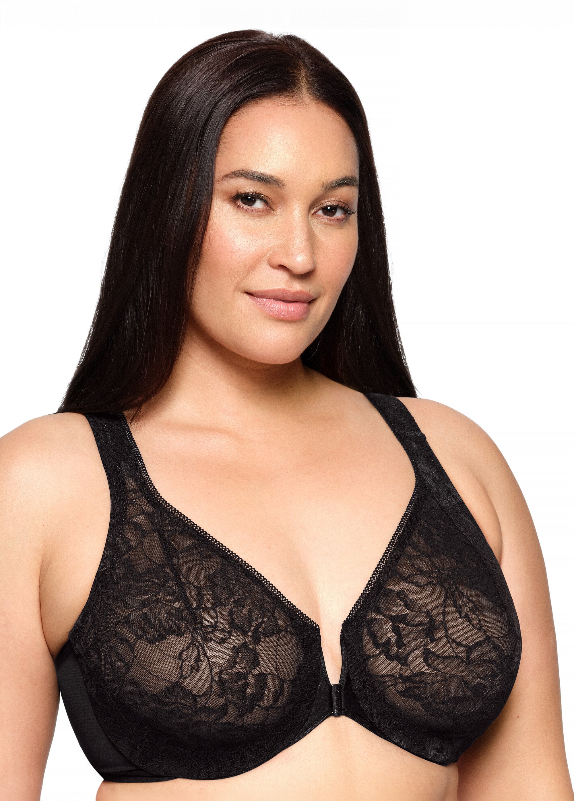 Soutien-gorge WonderWire Dentelle Dos Nageur à Fermeture Frontale, Spécial Grandes Tailles n°9246 Femme Grande Taille NOIR UNI 9246 DR1