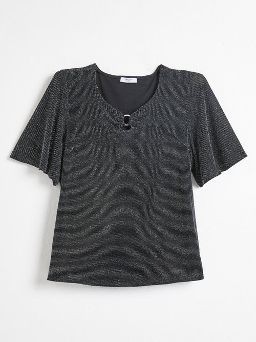 T-shirt brillant manches courtes col rond bijou Femme Noir CINDA AP1