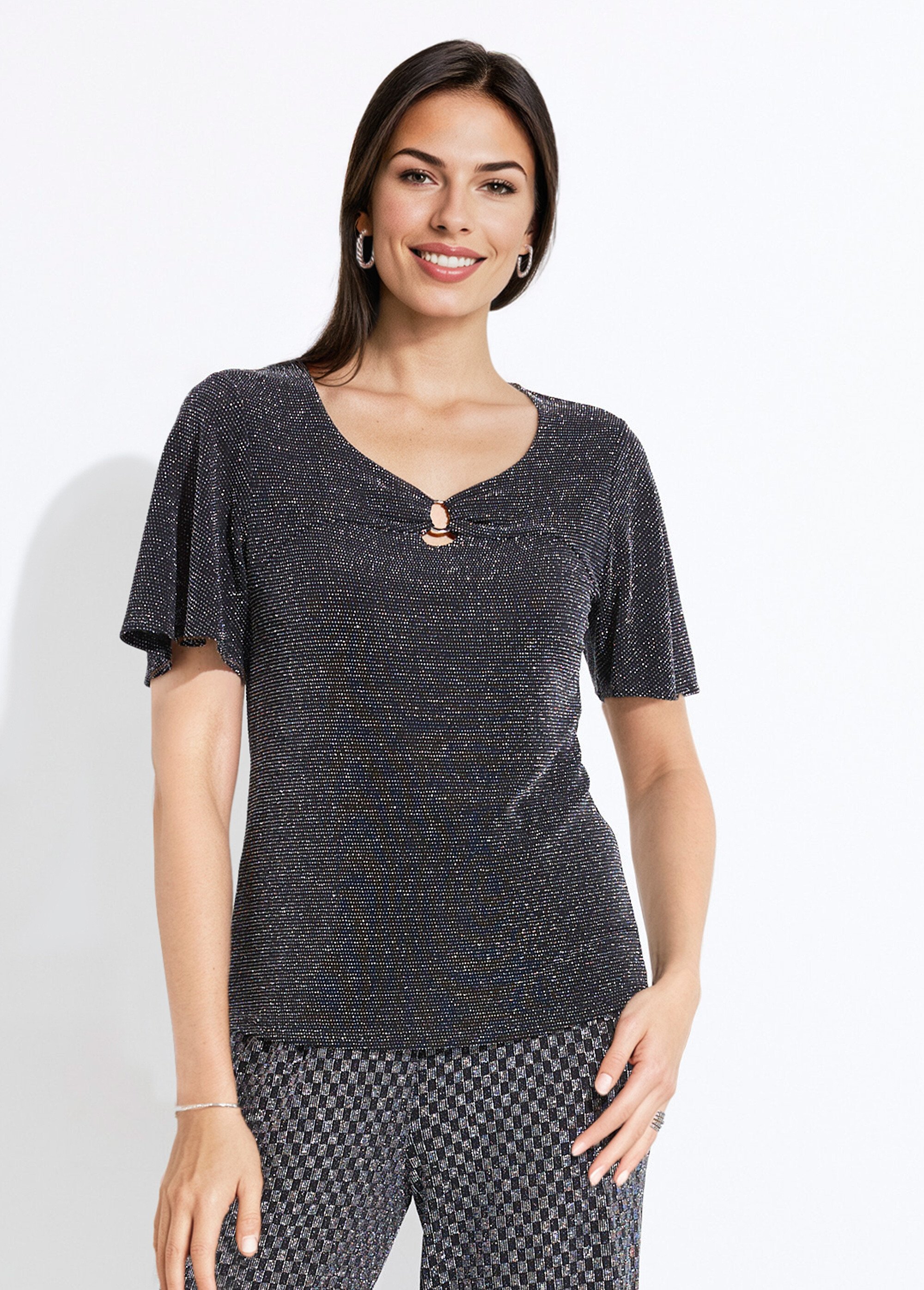 T-shirt brillant manches courtes col rond bijou Femme Noir CINDA FA1