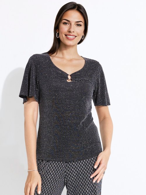 T-shirt brillant manches courtes col rond bijou Femme Noir CINDA FA1