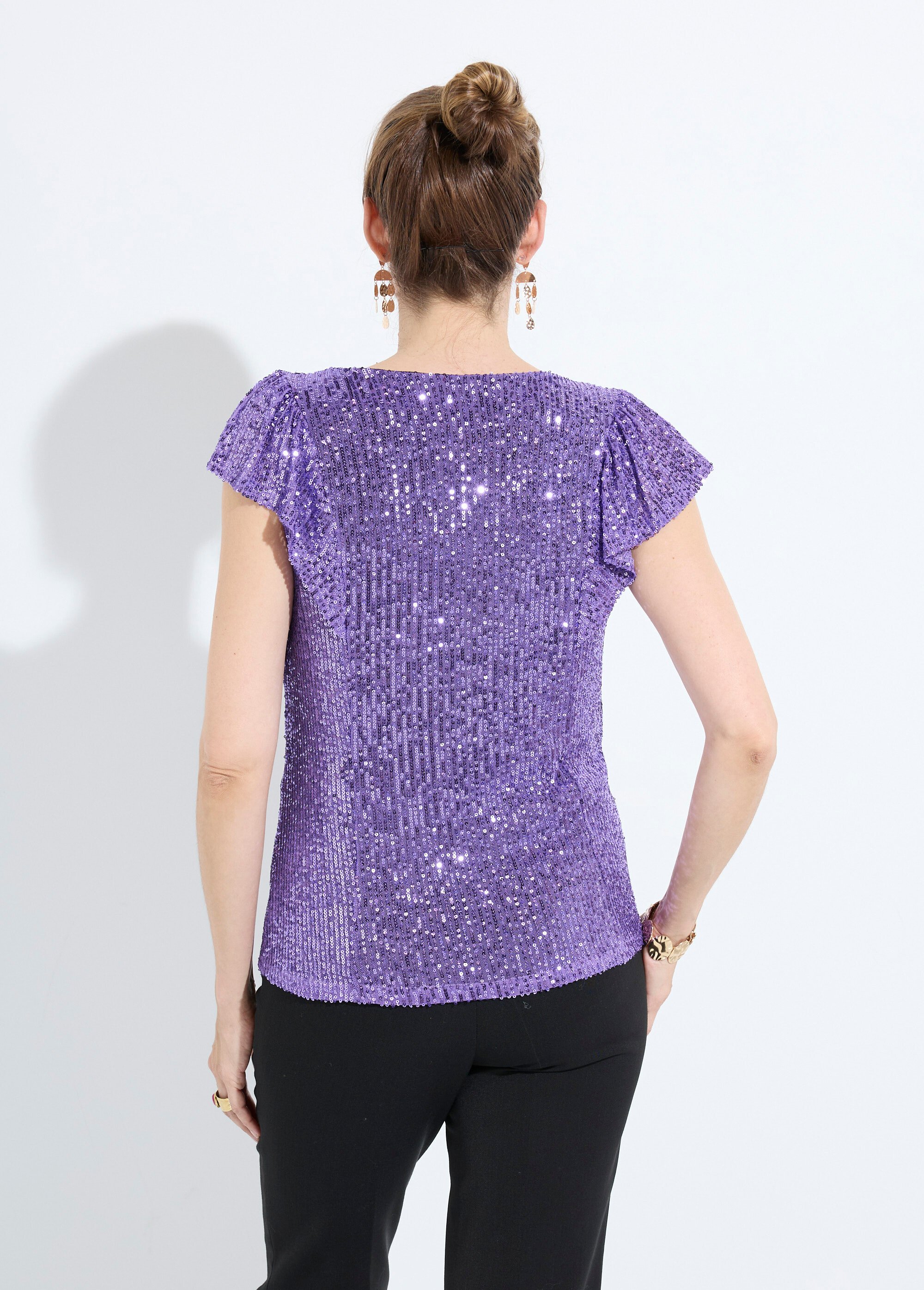 T-shirt col V manches courtes résille avec sequins