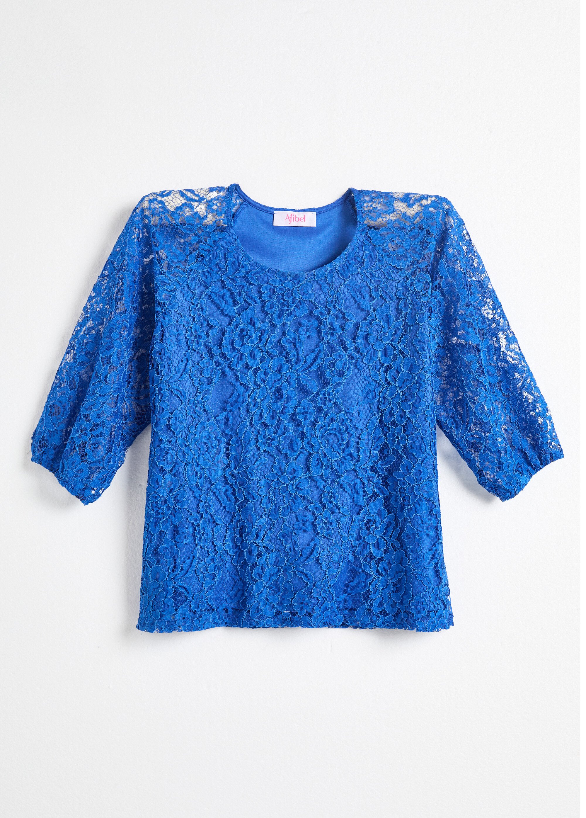 T-shirt dentelle col rond manches 3/4 raglan Femme Bleu CHANICE AP1