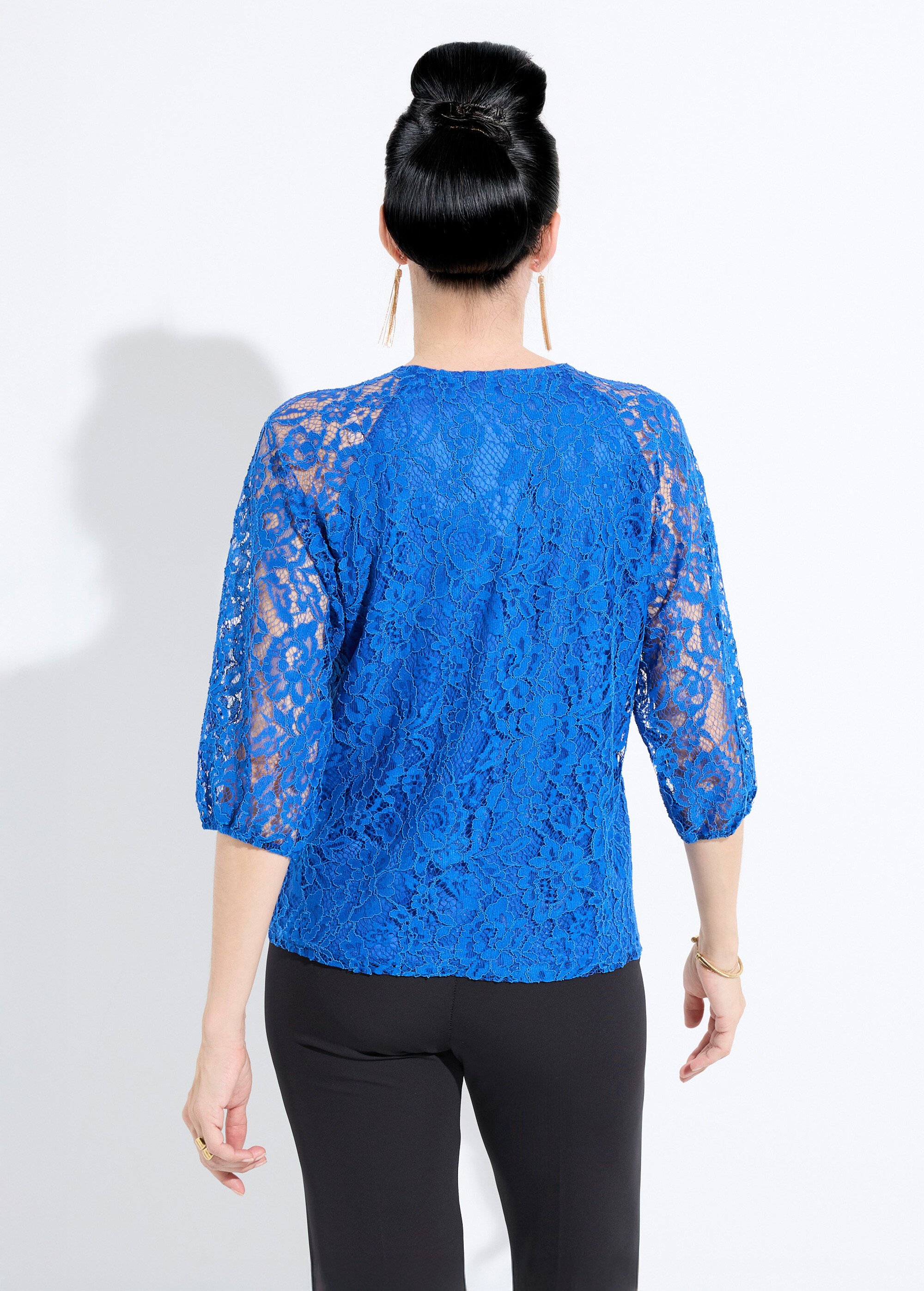 T-shirt dentelle col rond manches 3/4 raglan Femme Bleu CHANICE DO1