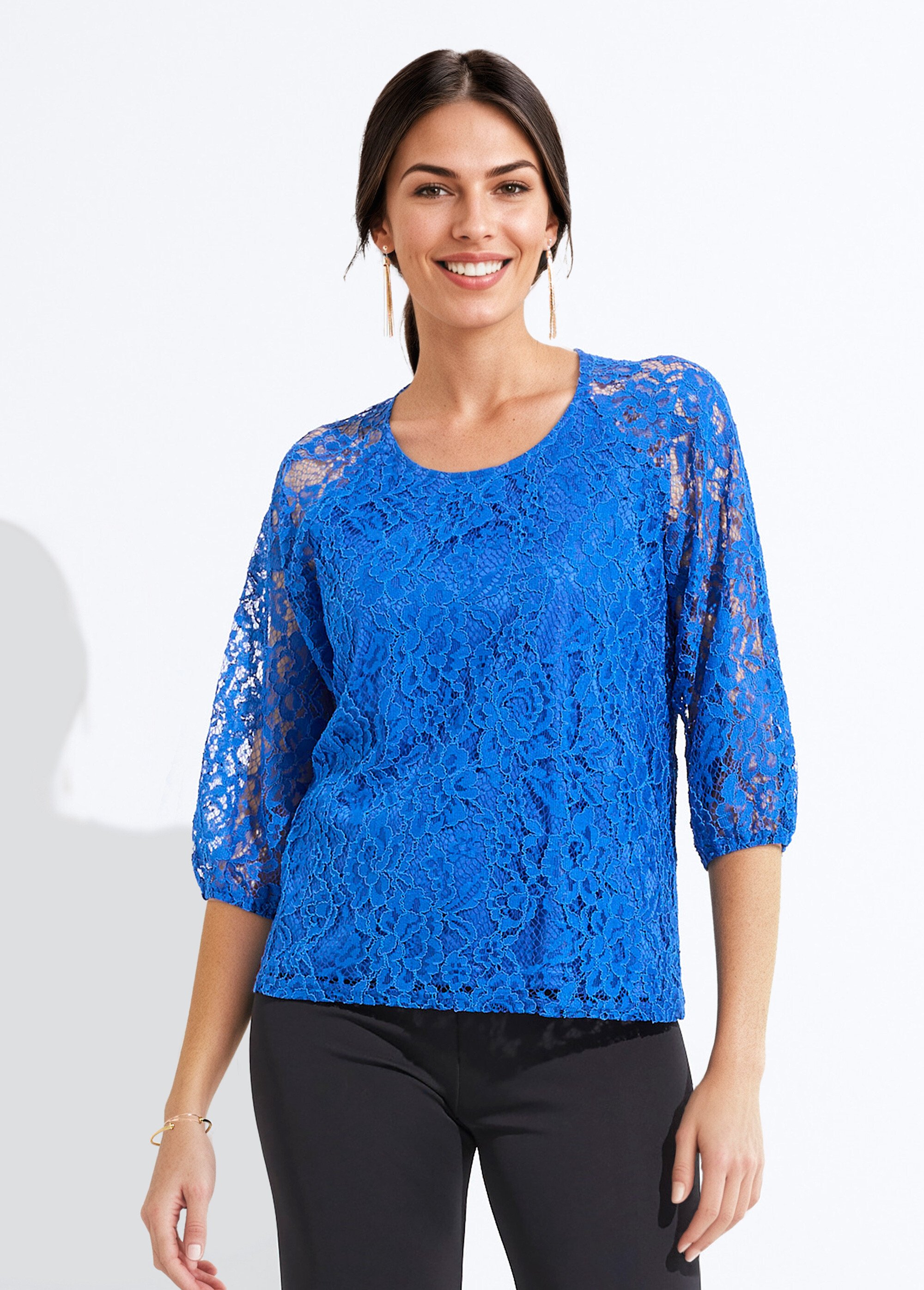 T-shirt dentelle col rond manches 3/4 raglan Femme Bleu CHANICE FA1