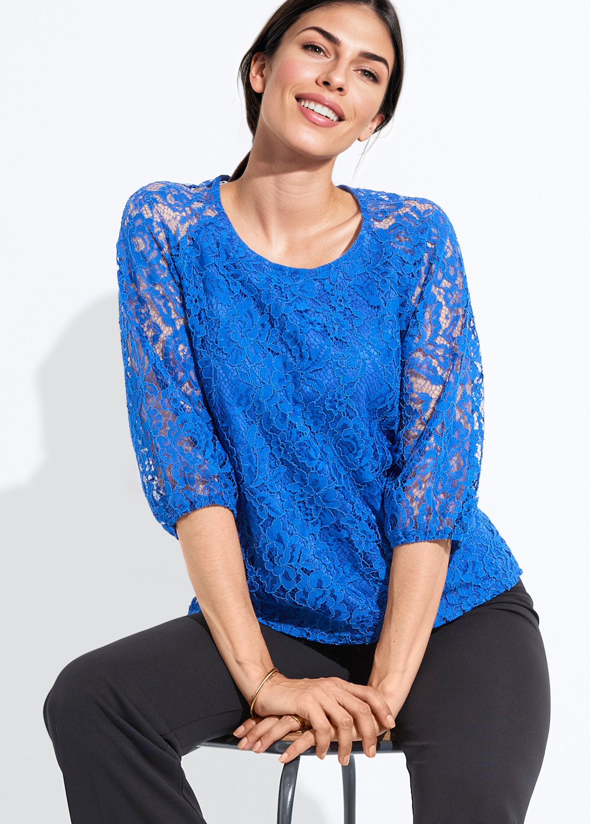 T-shirt dentelle col rond manches 3/4 raglan