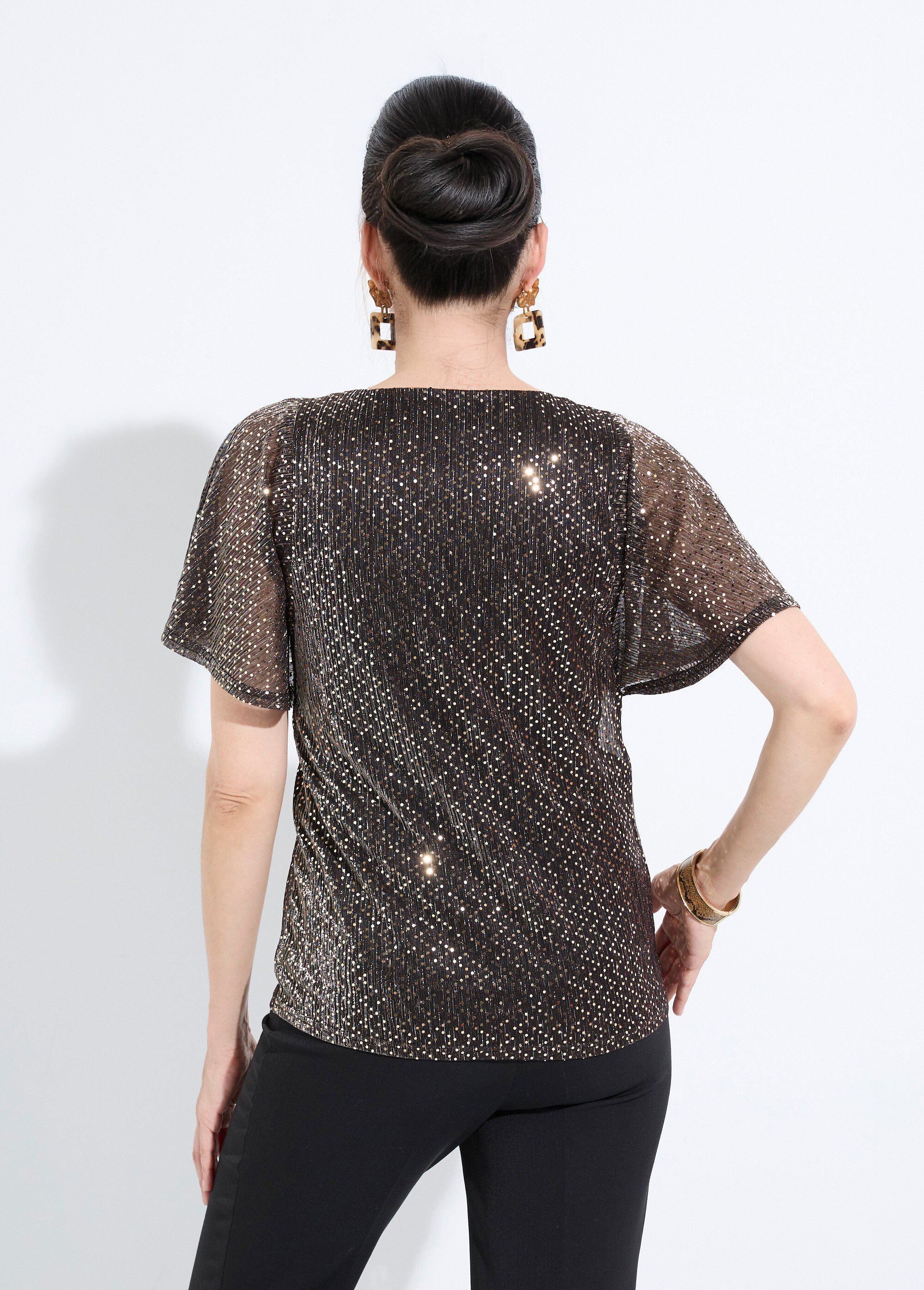 T-shirt pailleté col V manches courtes Femme Noir COOPER DO1