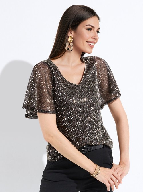 T-shirt pailleté col V manches courtes Femme Noir COOPER FA1