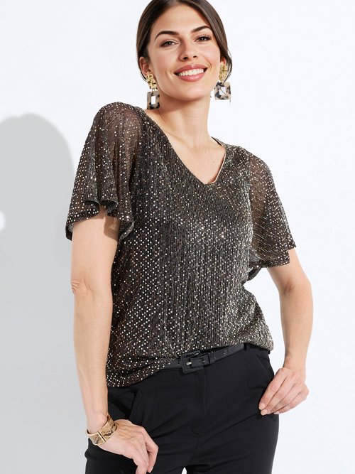 T-shirt pailleté col V manches courtes Femme Noir COOPER MV1