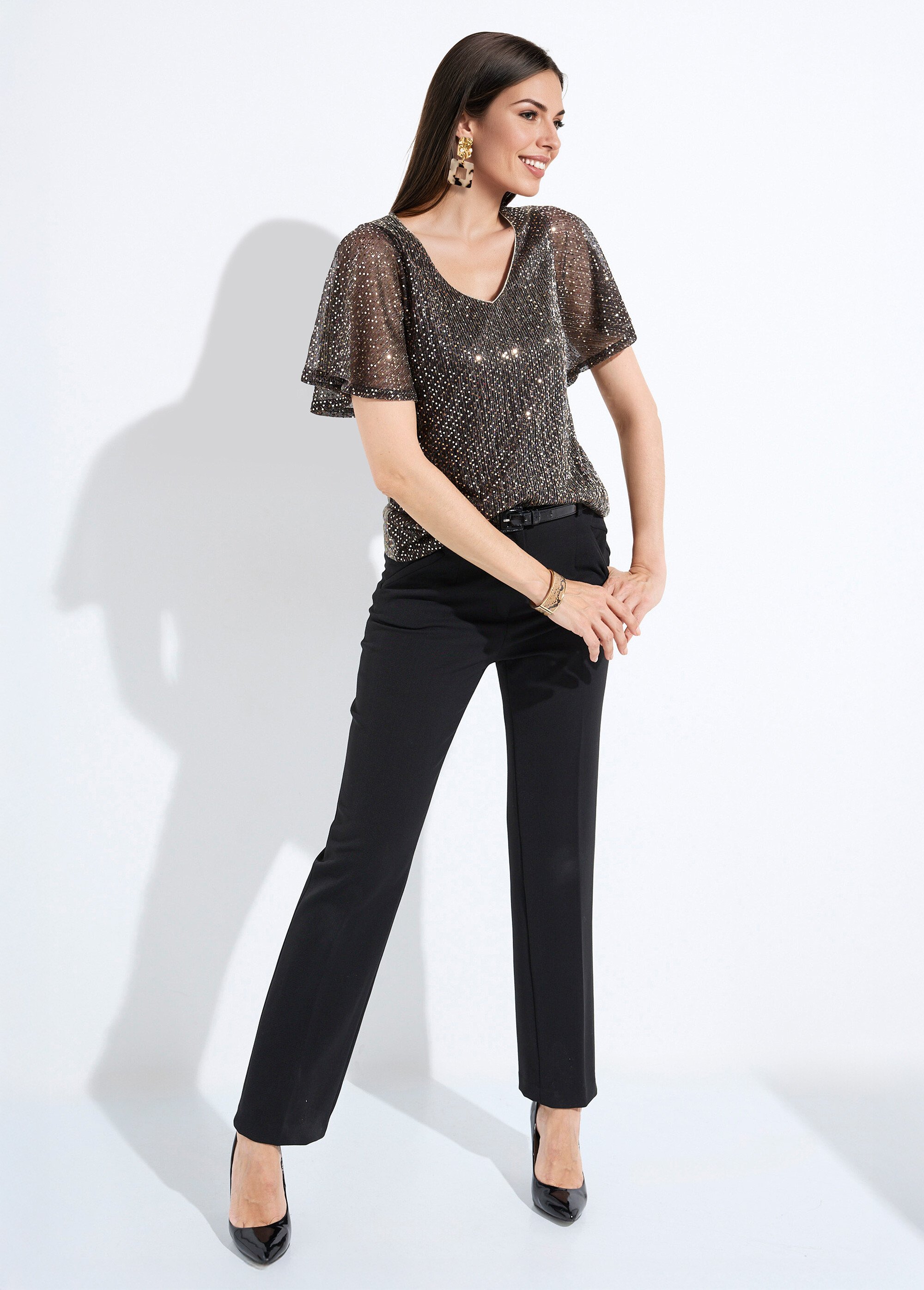 T-shirt pailleté col V manches courtes Femme Noir COOPER SF1