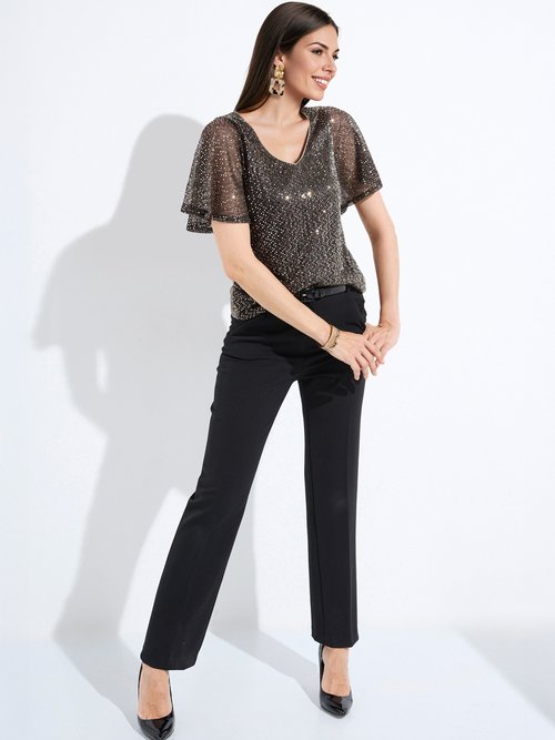 T-shirt pailleté col V manches courtes Femme Noir COOPER SF1