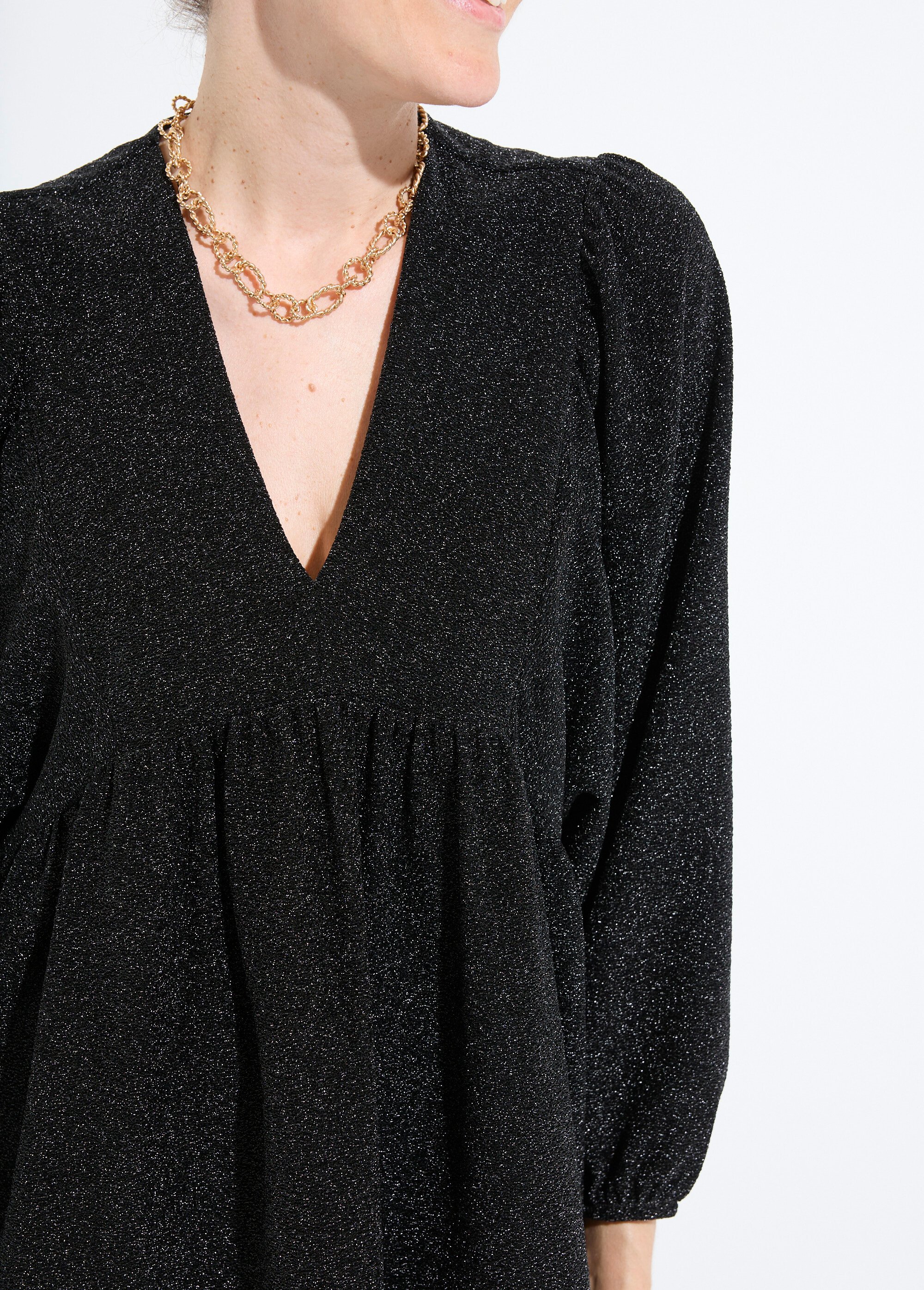 T-shirt tunique maille brillante manches bouffantes Femme Noir CLIVE DE1