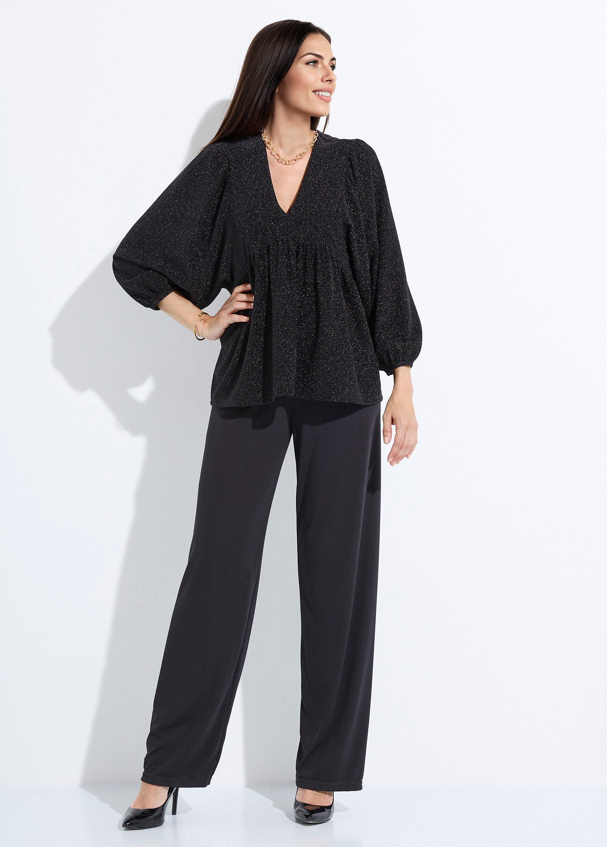 T-shirt tunique maille brillante manches bouffantes Femme Noir CLIVE SF1