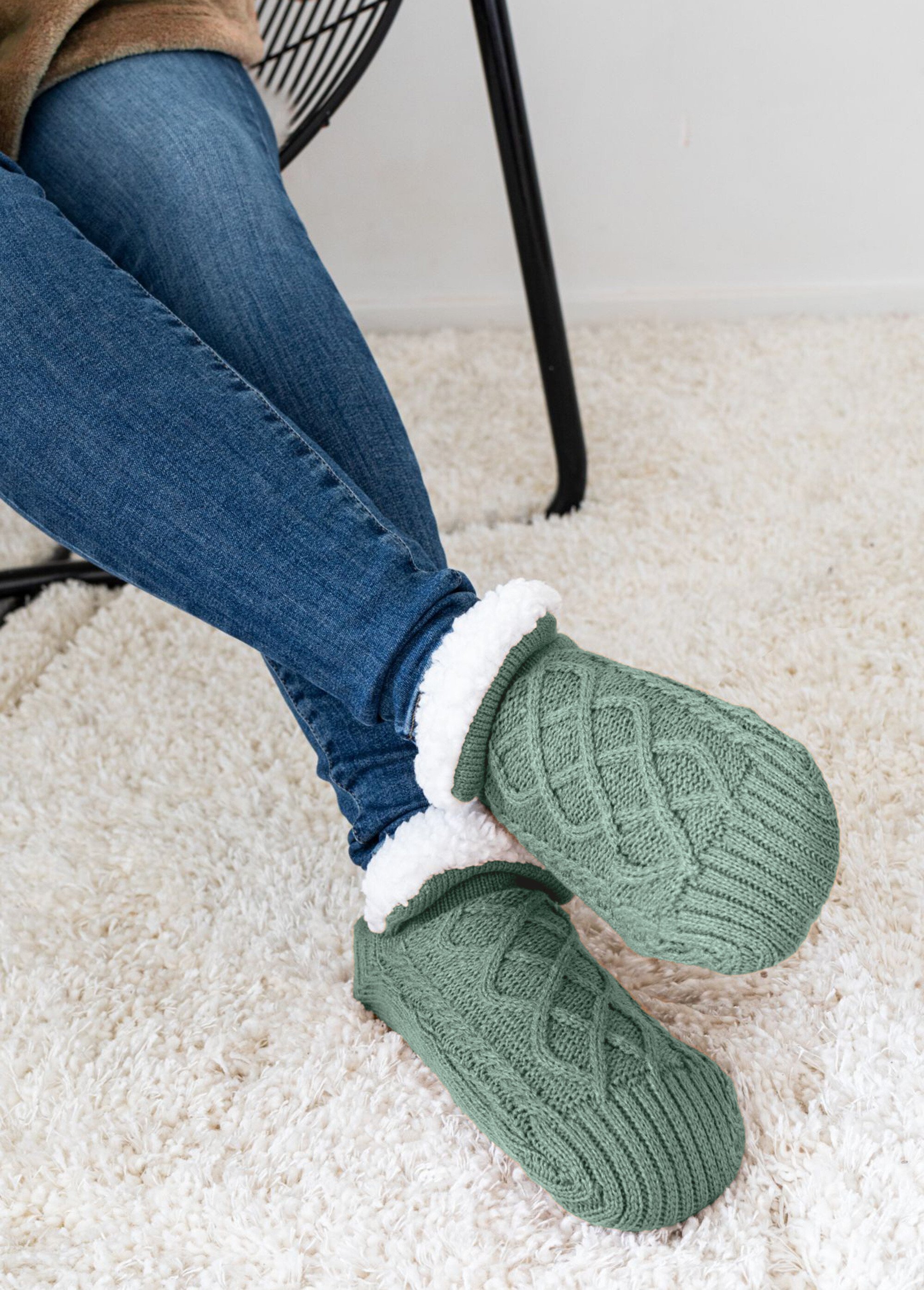 Chaussons chaussettes antidérapants fourrés Femme Vert TIS-COSY-CHAUSS SI1