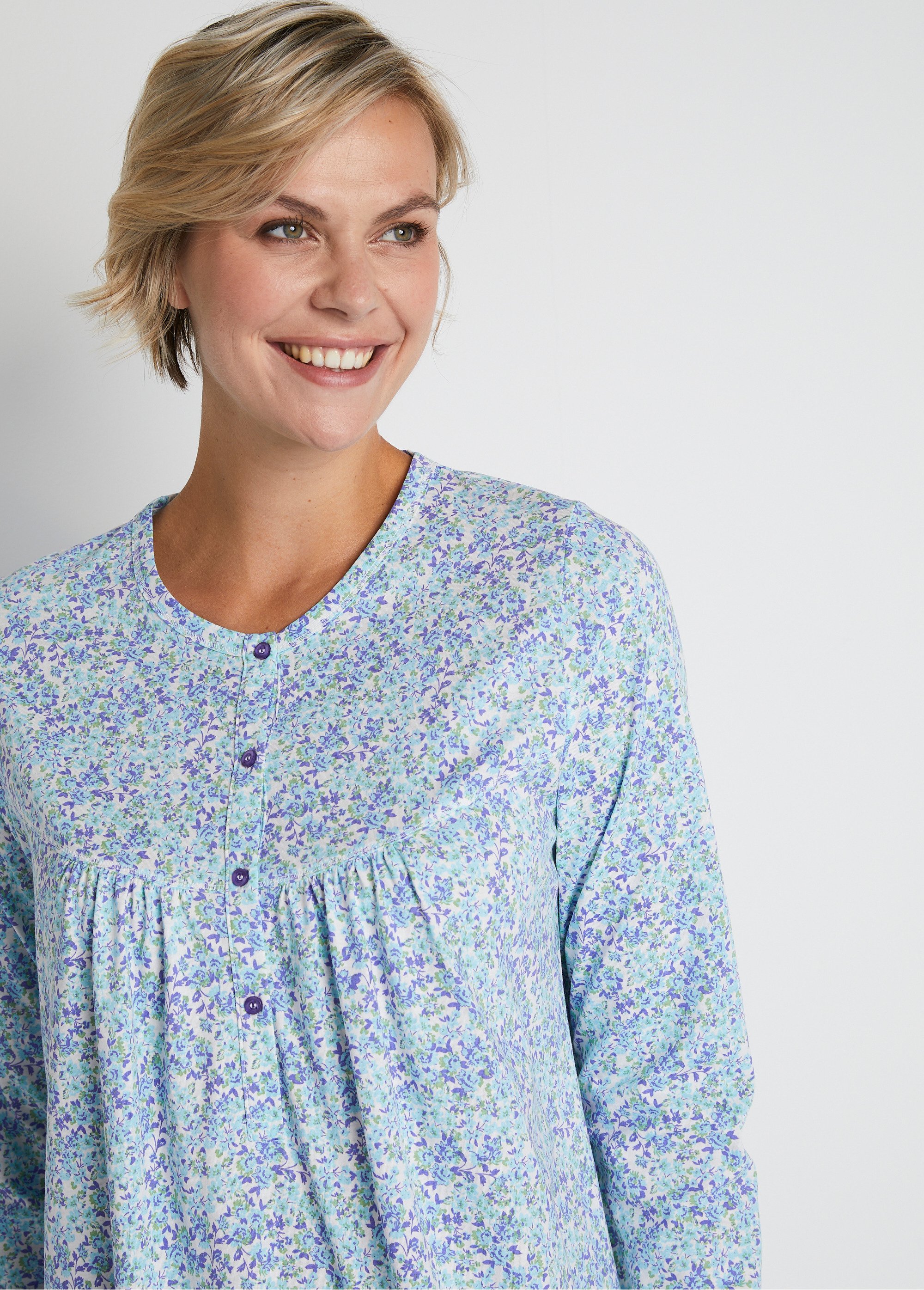 Chemise De Nuit Coton Fleuri Dentelle Mi Longue - Bleu - Femme - 29.99