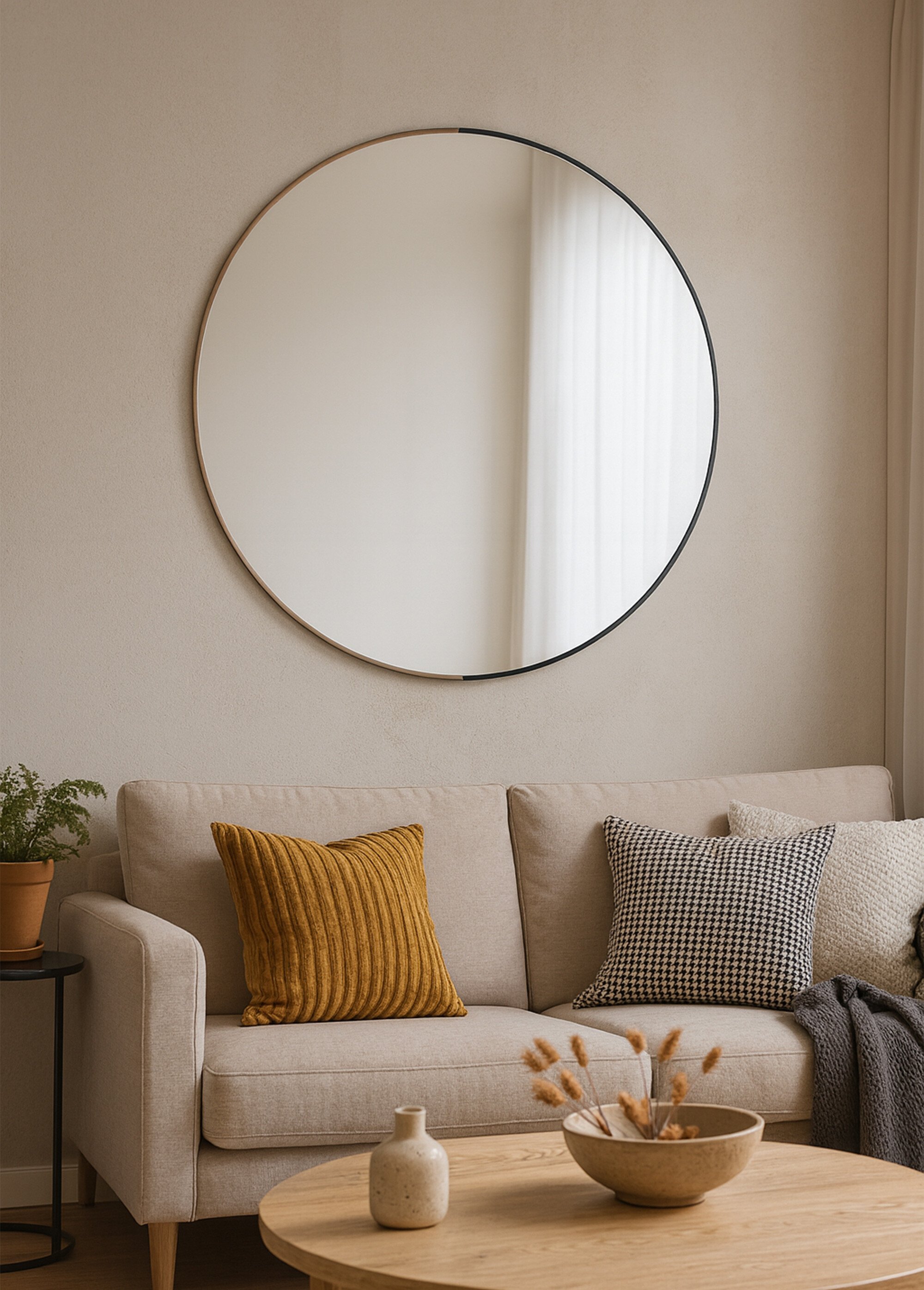 Grand miroir rond contour métal et bois Noir JP-30319 SI1