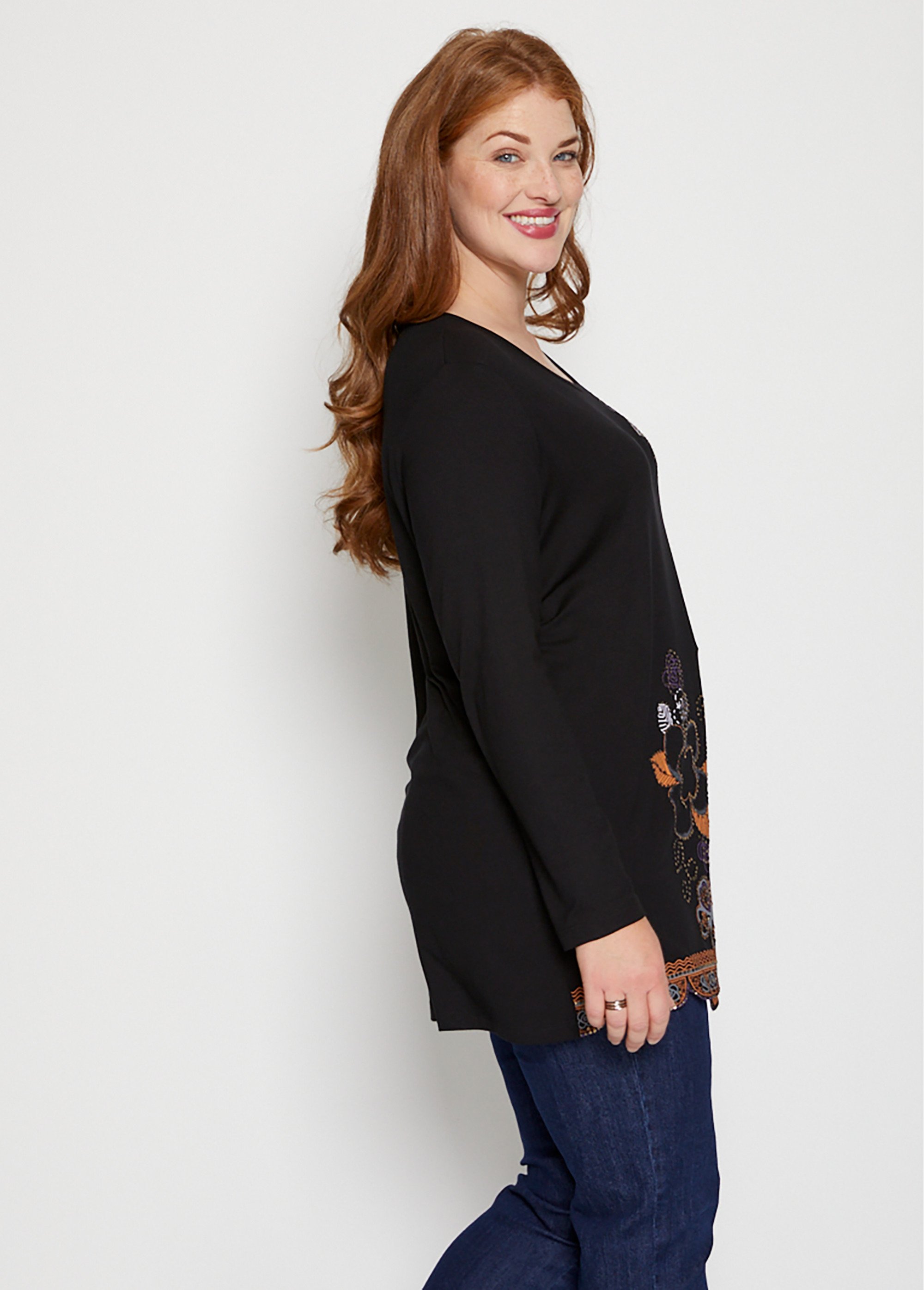Tunique longue motif pailleté fleurs Femme Grande Taille Noir CALIFORNIE DR1