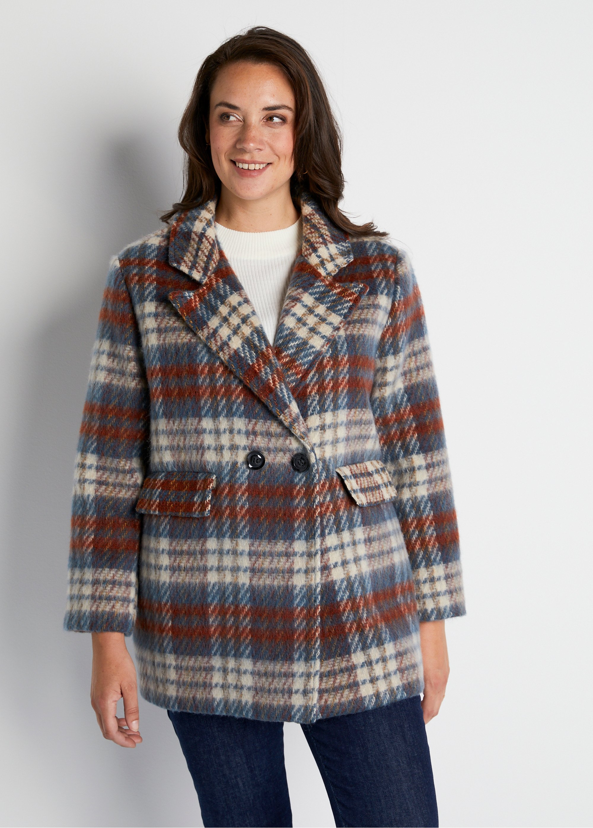 Manteau hiver court tissu chaud carreaux